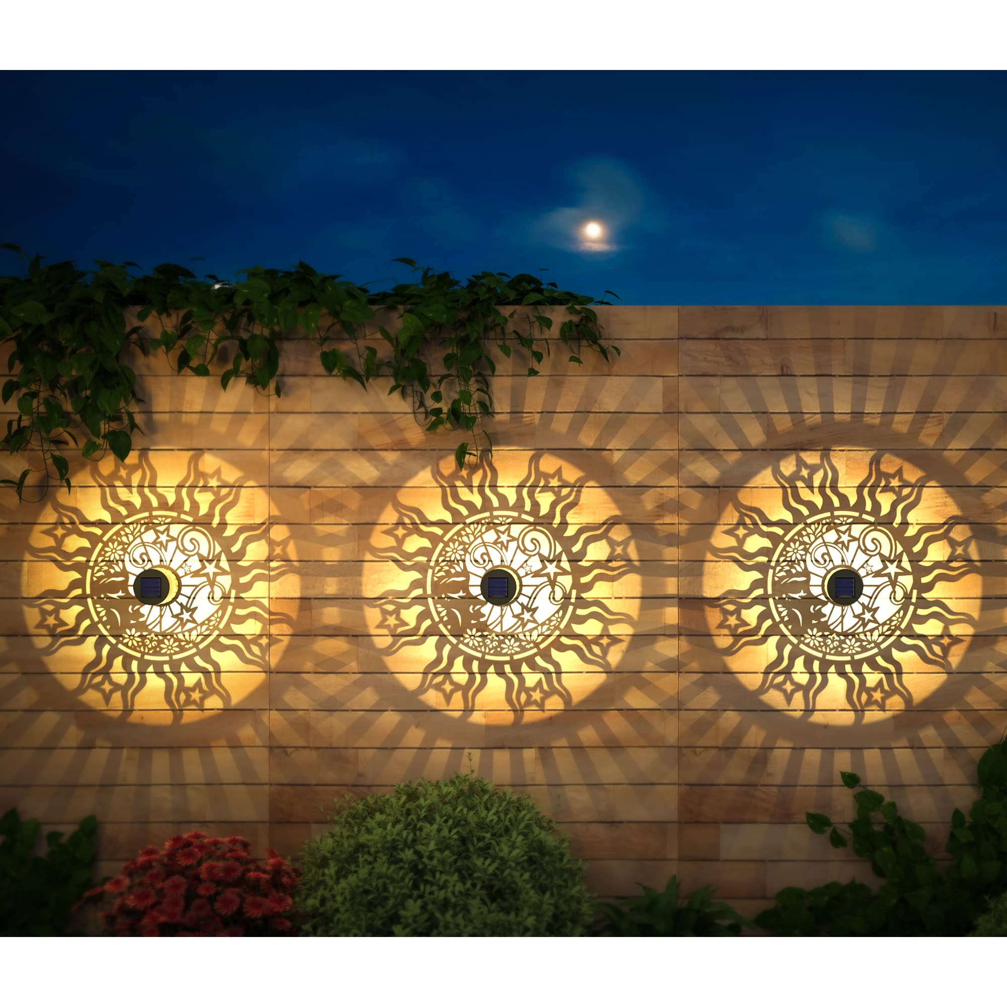 gardencave Solar Fence Lights - Metal, Waterproof, Sun Moon Theme - 4 Pack - Face