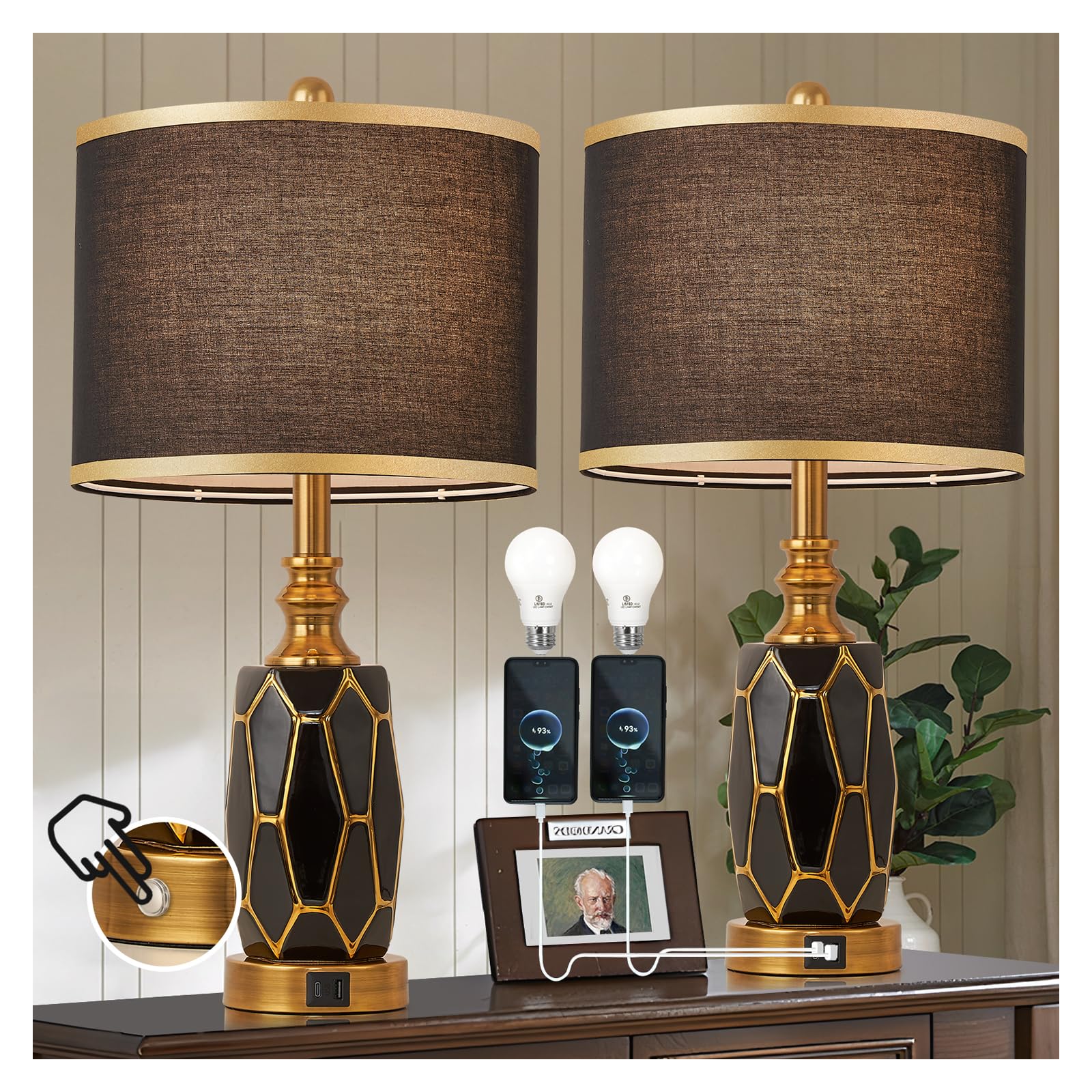 workluurop Touch Control Table Lamps Set of 2, Ceramic, USB Ports, 25.5 Inches, Black and Gold, Model HYZCJF