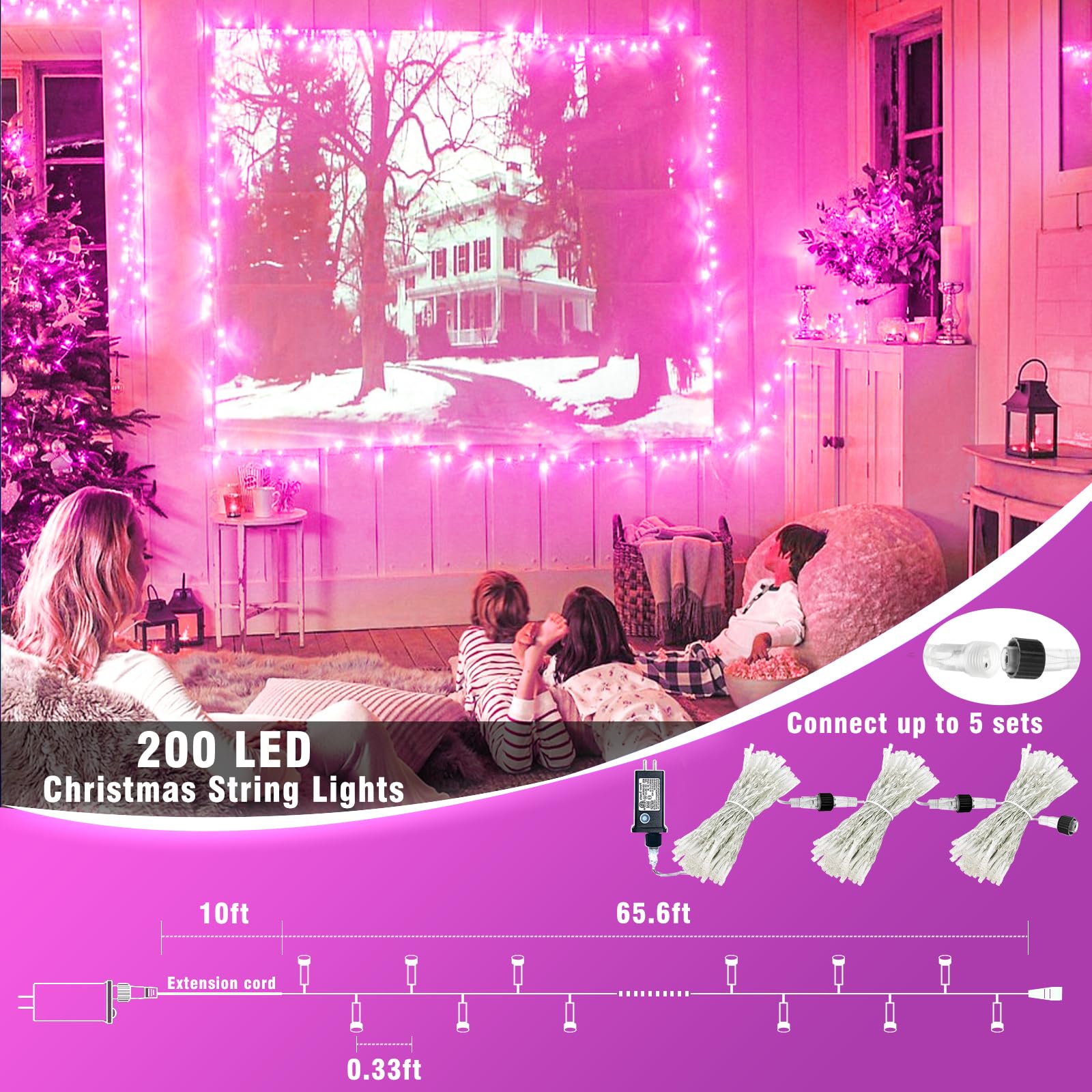 300 Led Pink String Lights, 99Ft Pink Christmas Lights Outdoor 8 Modes Clear Wire, Plug In Waterproof Twinkle Fairy Lights For B