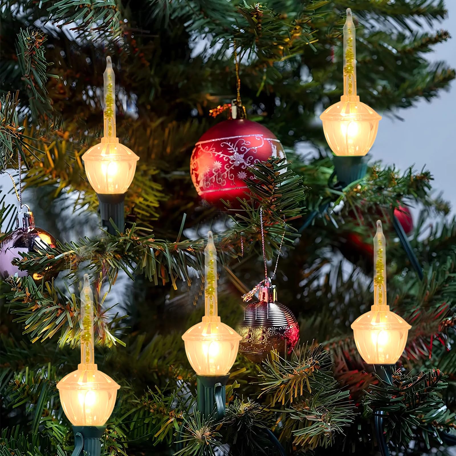 Christmas Bubble String Lights Outdoor 8.8Ft Set of 9 Clear Bubble Fluids with Gold Glitter Bubble Lights, Hanging Vintage Chris
