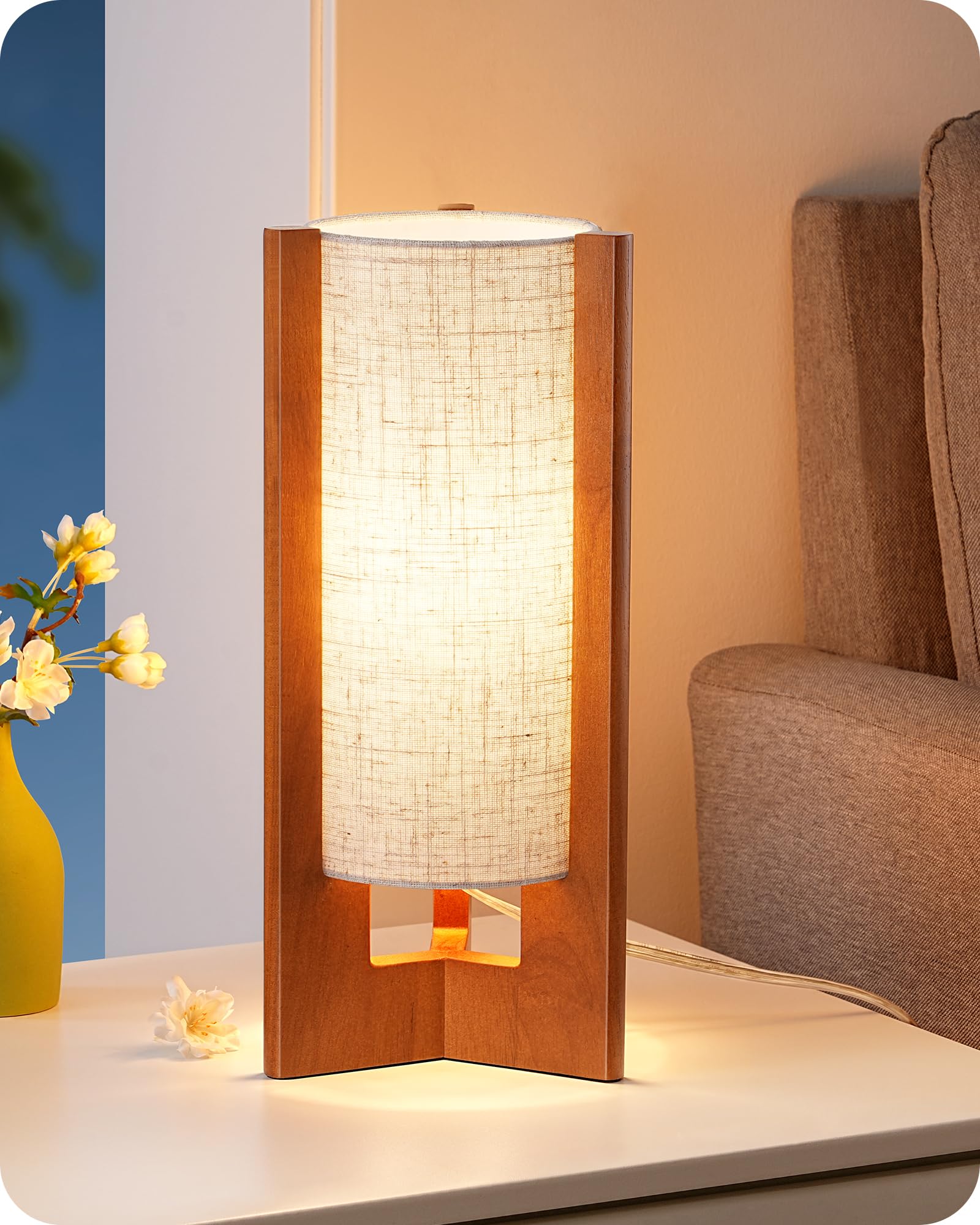 EDISHINE 13.5 Small Table Lamp  Walnut Wood Cylinder Nightstand Lamp for Bedroom  Beige Linen Shade  Corner Modern Bedside Lamp for Living Room  On-Off Line Switch  E26 Base (Bulb Not Included)
