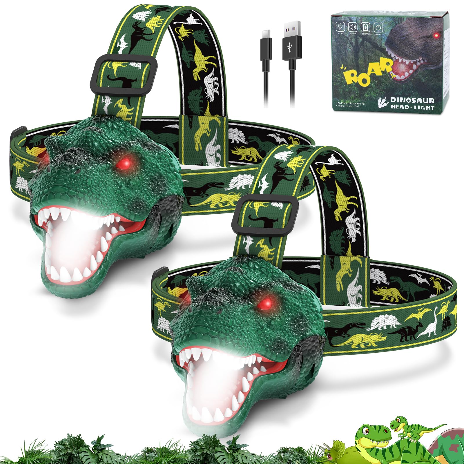 Nitigo Dinosaur Headlamp for Kids, Rechargeable LED Flashlight 2 Pack, T-Rex Design, Green-2PK, Model LED-DN01