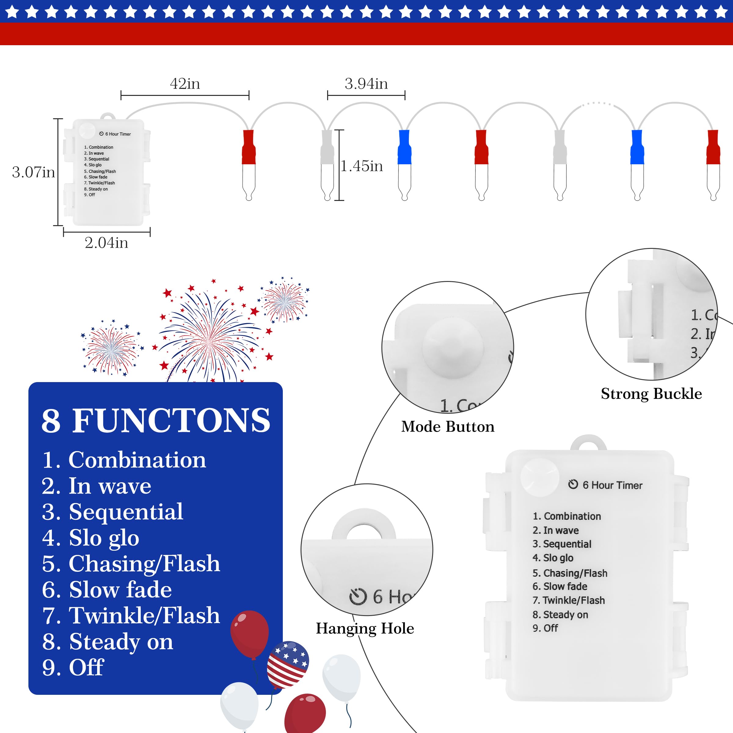 Red White Blue String Lights 50Led 4Th Of July Decoration Patriotic Battery Operated Mini Lights Waterproof For Indoor Outdoor B