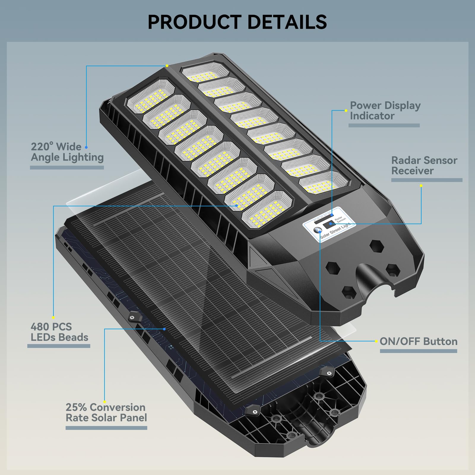 VOOJOY 8000W Solar Outdoor Flood Lights, 6500K, IP66 Waterproof, Motion Sensor, Remote Control - Black, Model GSTJ1600