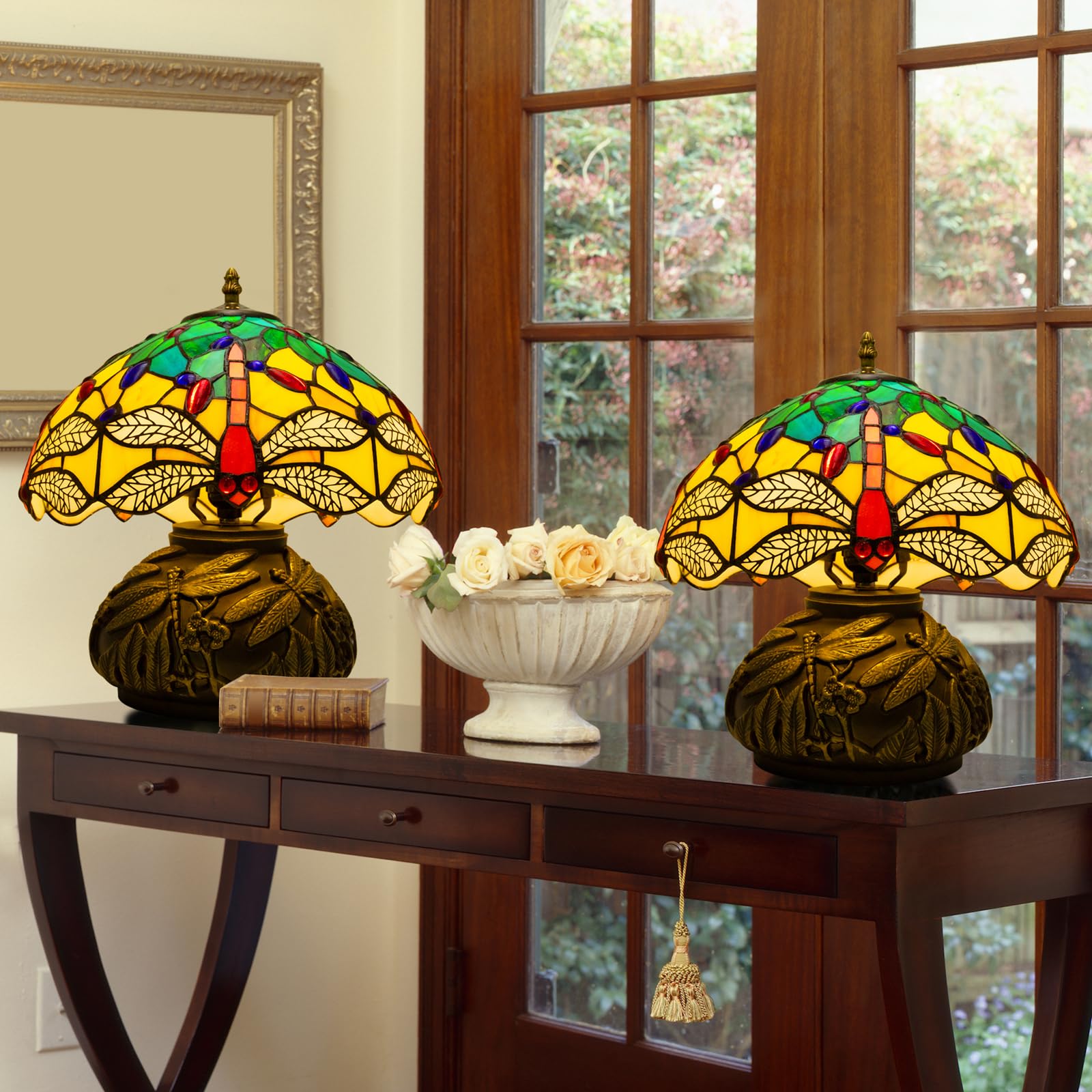 Ppbmocw Tiffany Lamp,12 Inch Stained Glass Lamp,Dragonfly Tiffany Style Table Lamp Included E26 Led With Remote Control For Beds