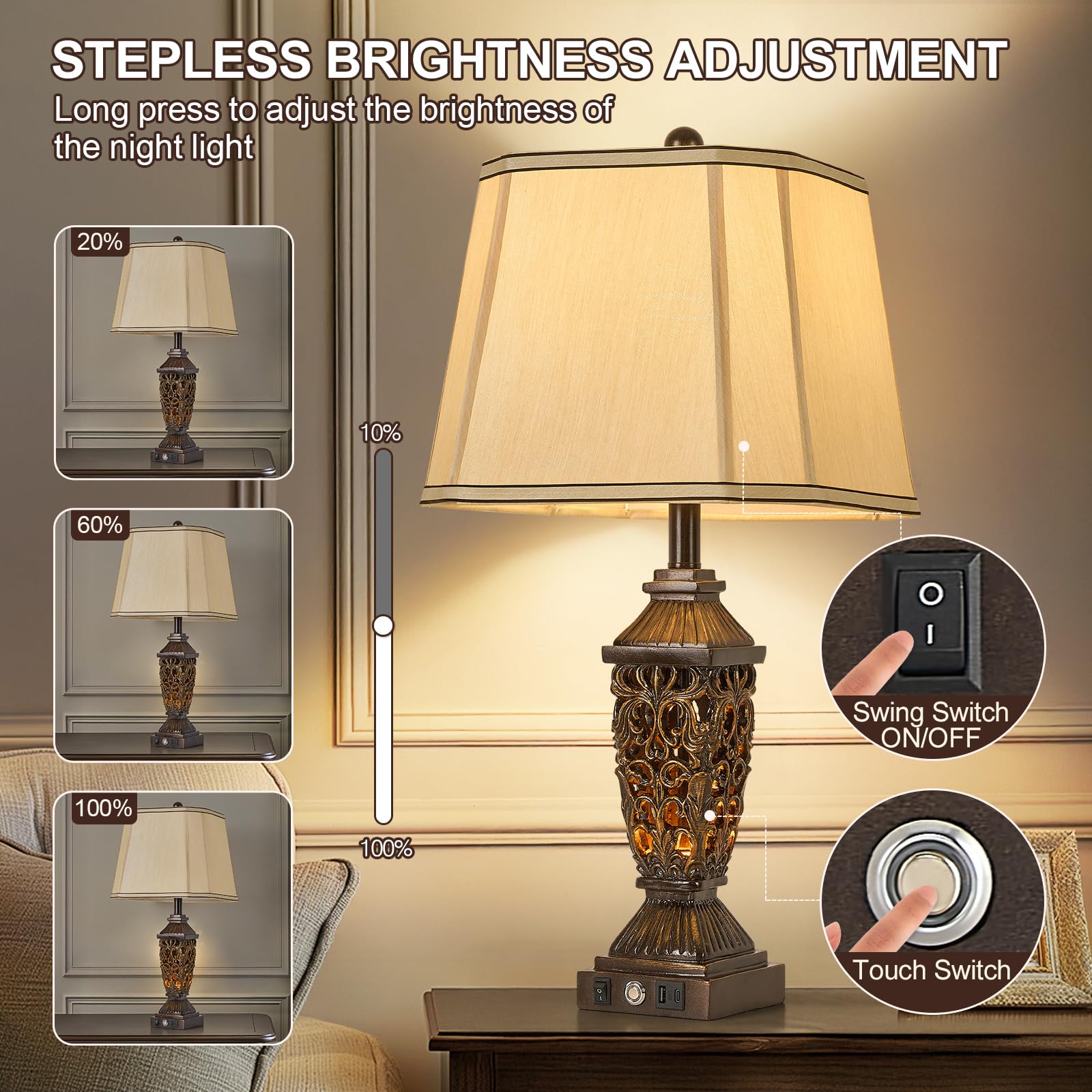 AIDENOEY 27.5in Farmhouse Table Lamp with USB & USB-C Ports, 3-Color Dimmable, Touch Control, Vintage, Brown, Model HYQT108