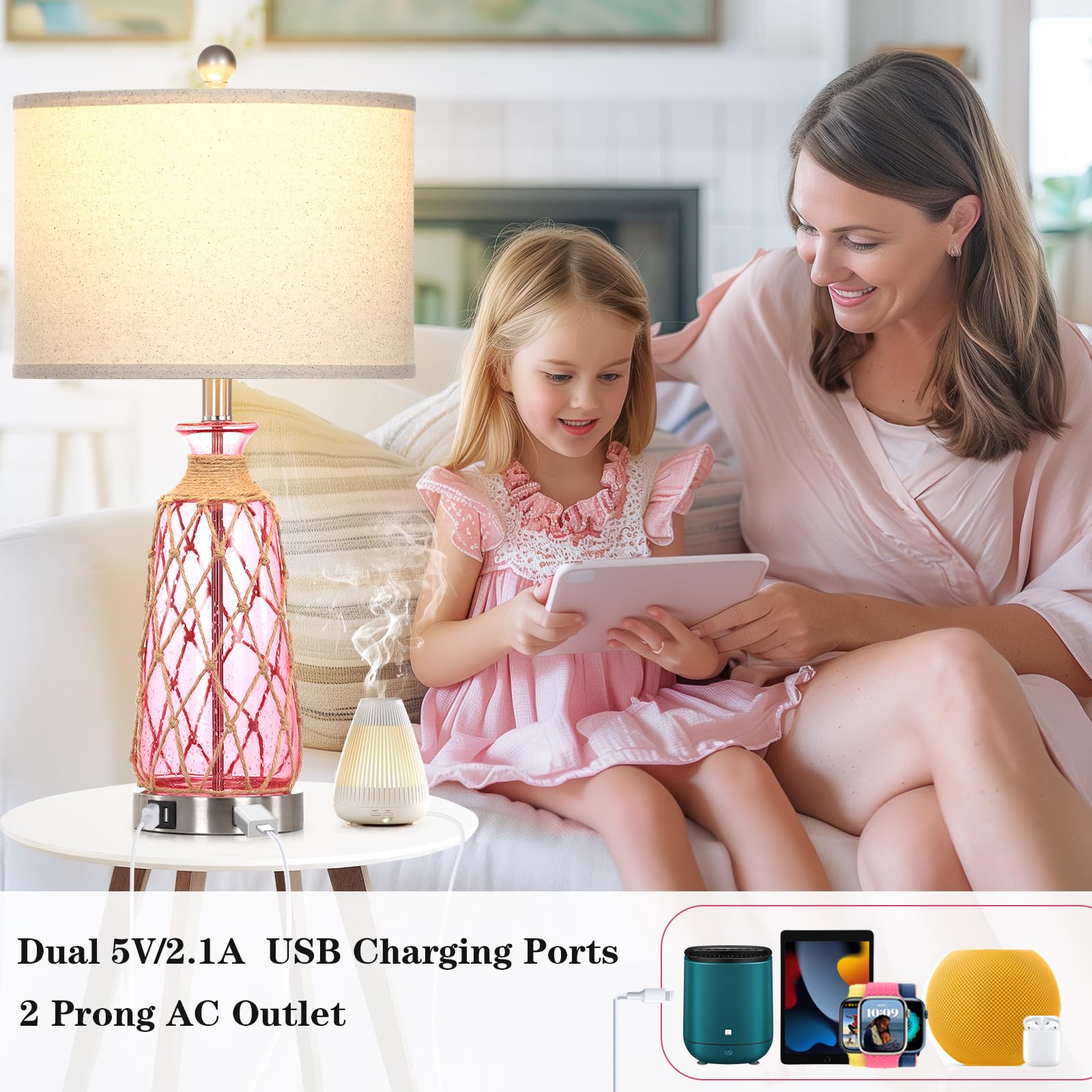 Ruzectt Table Lamps Set of 2, 25.5in Glass, 3-Way Dimmable Touch Control, Pink, USB Ports & AC Outlet, LED Bulbs Included