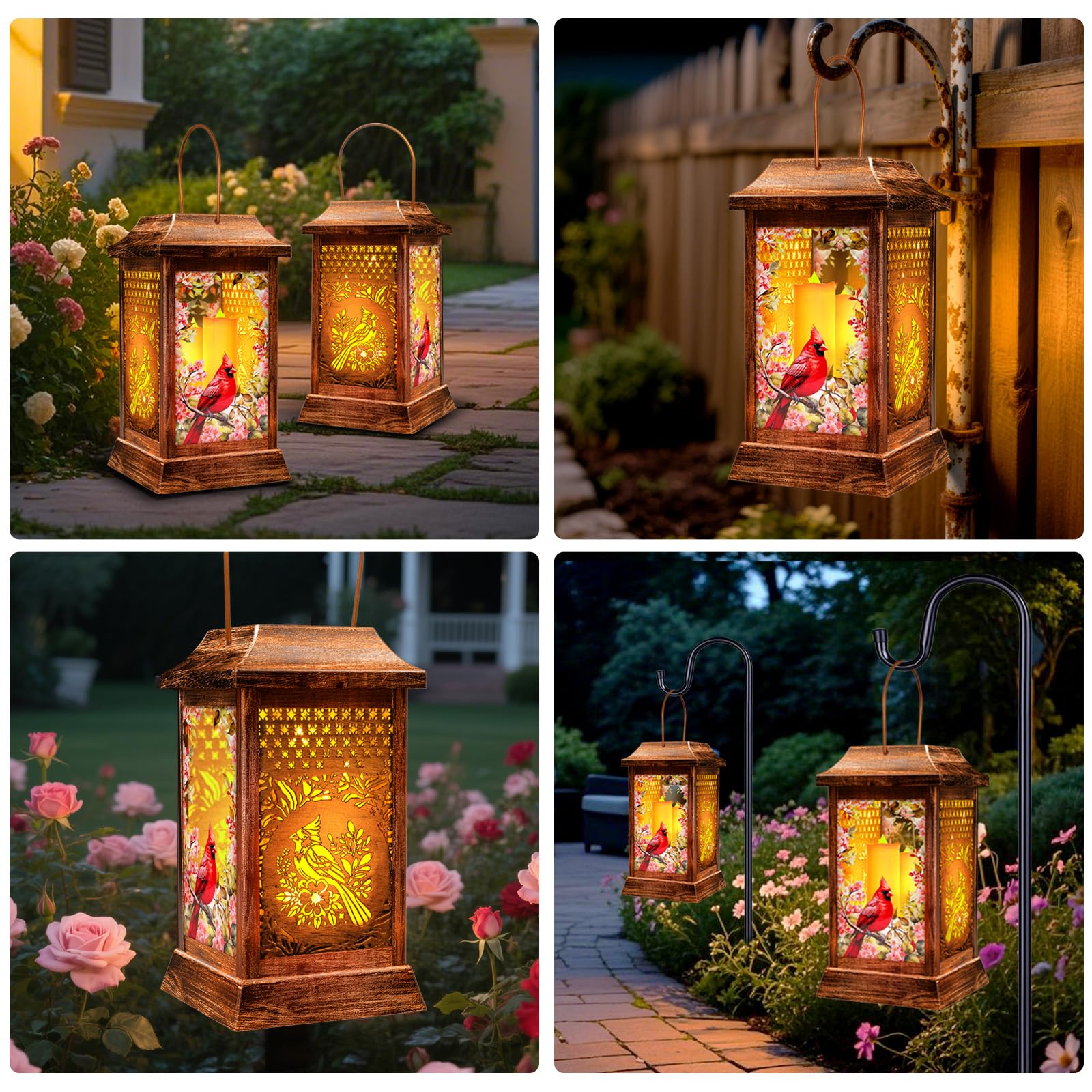 VOOKRY Cardinal Solar Lanterns - Metal Glass Outdoor Hanging Lights for Garden, Waterproof Decor, Gifts for Women, Model LKLZ-X