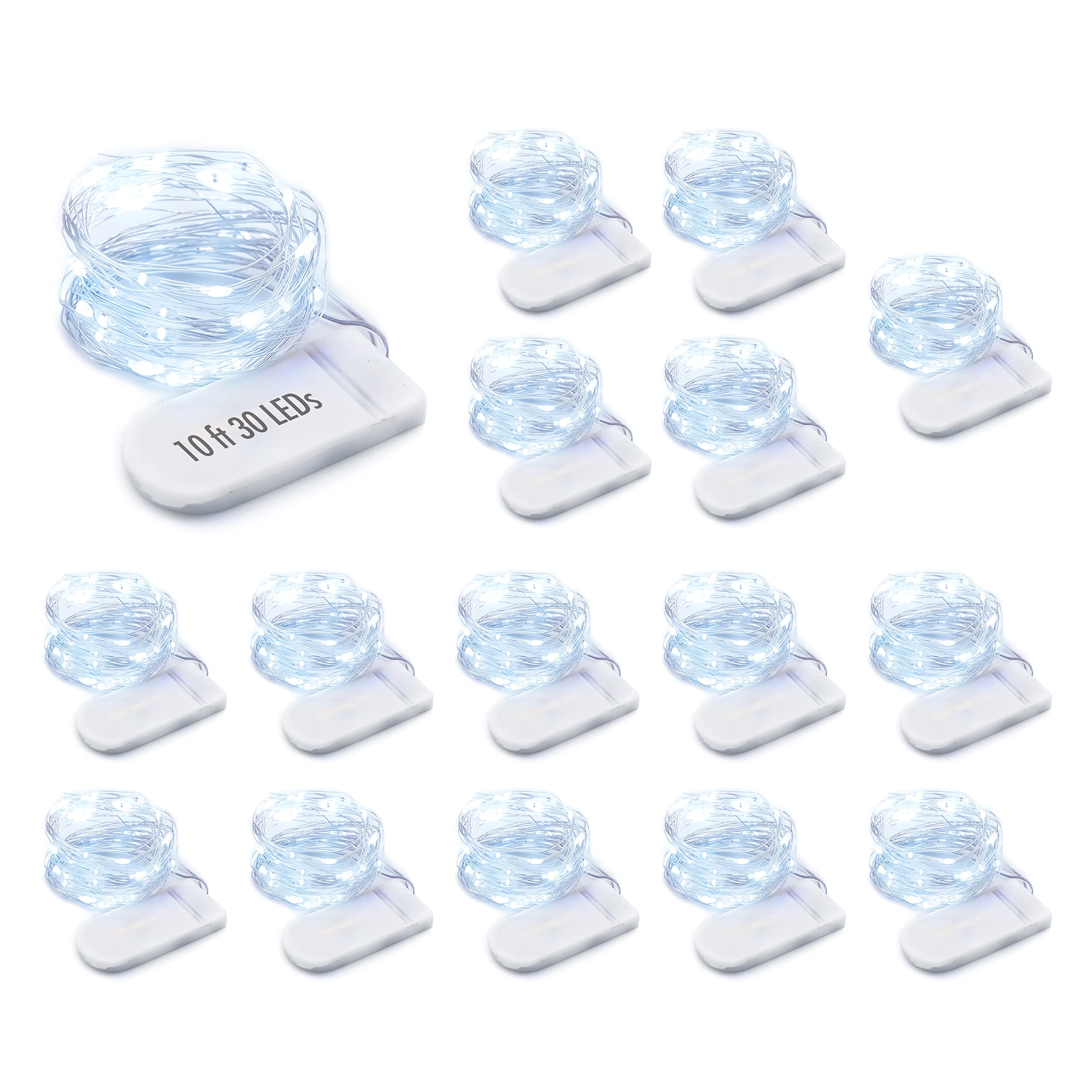 MUMUXI LED Fairy Lights, 16 Pack, 10ft Cool White, Waterproof, Silver Coated Copper Wire, Model FY-2032-001