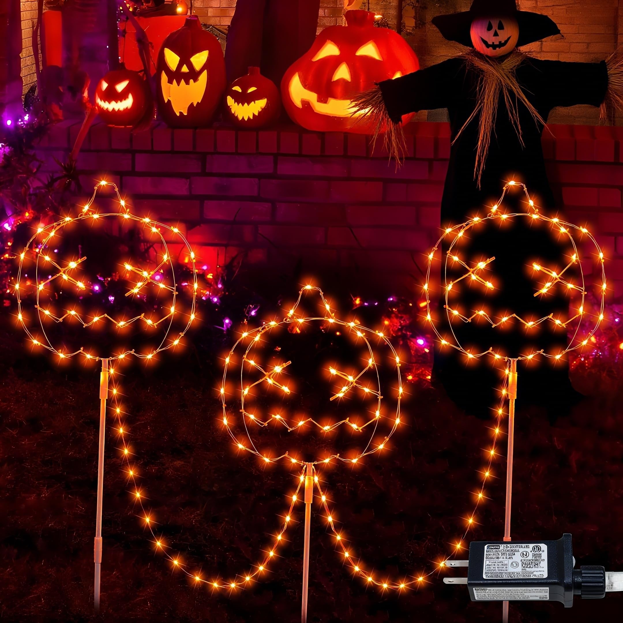 Hopolon Halloween Walkway Lights, 3-Pack Orange Pumpkin Stake Lights, IP44 Waterproof, 8 Modes, 163 LED Outdoor Decorations