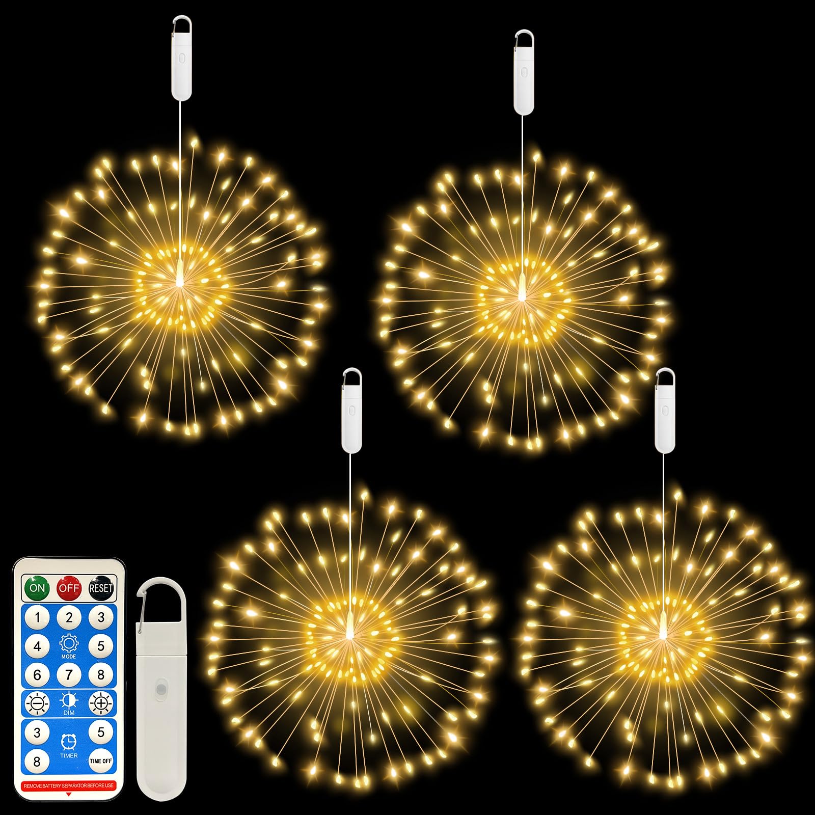 FOOING LED Firework Lights, 4 Pack USB Rechargeable Fairy Lights, 8 Modes, White, Model LH-CD-USB-YHD-004