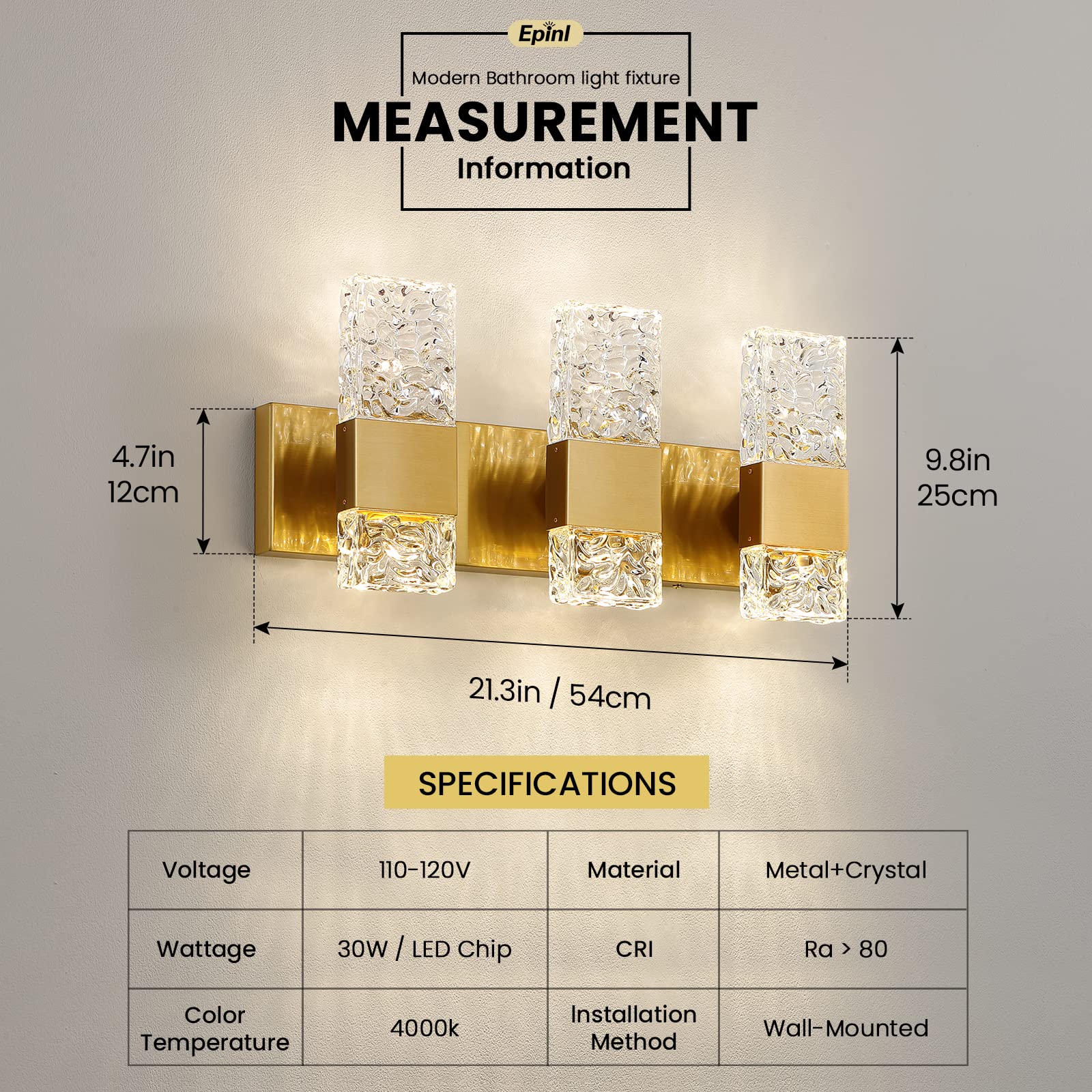 Epinl Gold Bathroom Vanity Light Fixtures Bathroom Light Fixtures Over Mirror 3-Light 4000K Led Crystal Wall Sconces Modern 30W Brushed Hardwired Wall Lights For Bathroom Bedroom Living Room