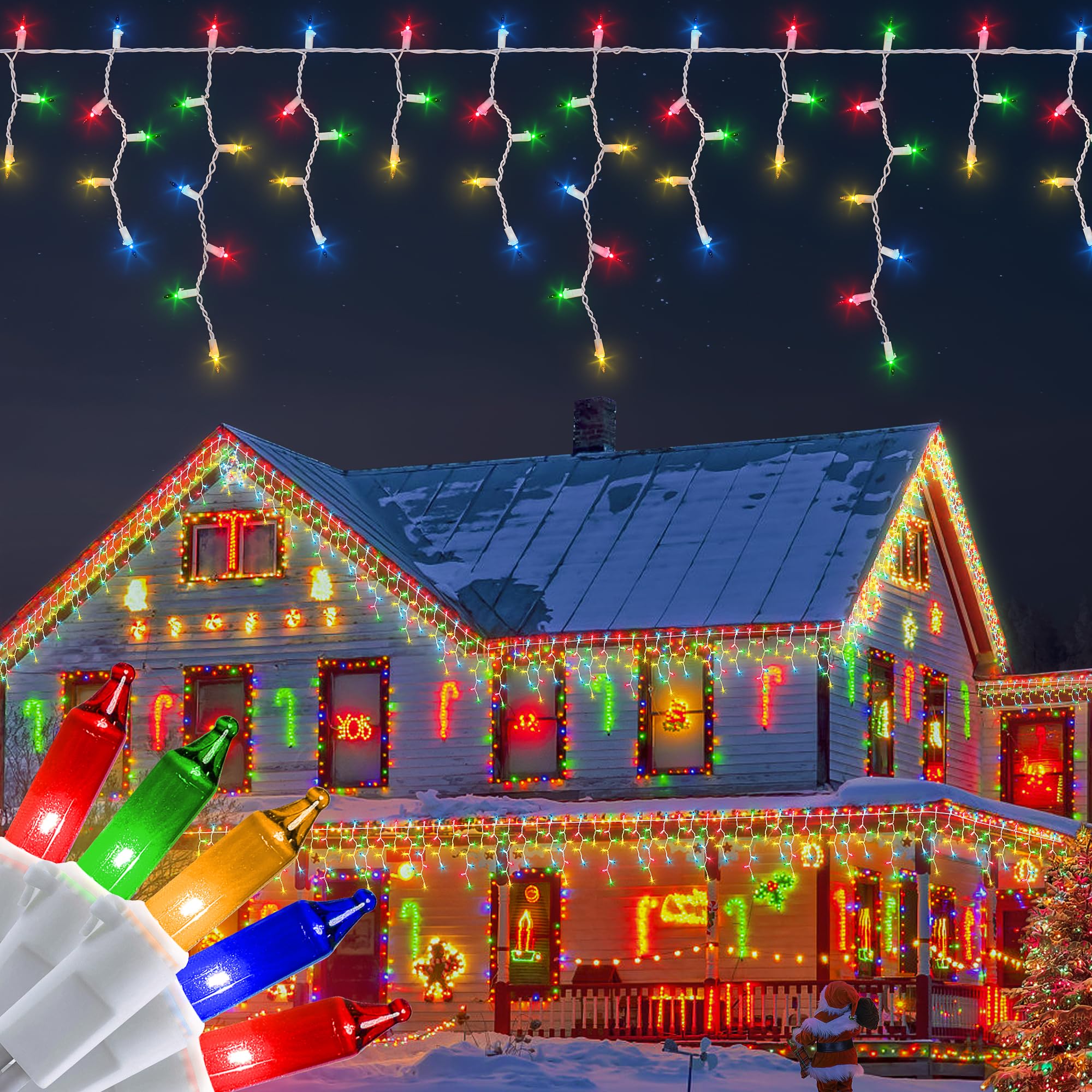 BEEWIN Icicle Christmas Lights Outdoor,23FT 200 Count Multicolor Icicle Lights Indoor with White Wire,Waterproof Connectable Ici