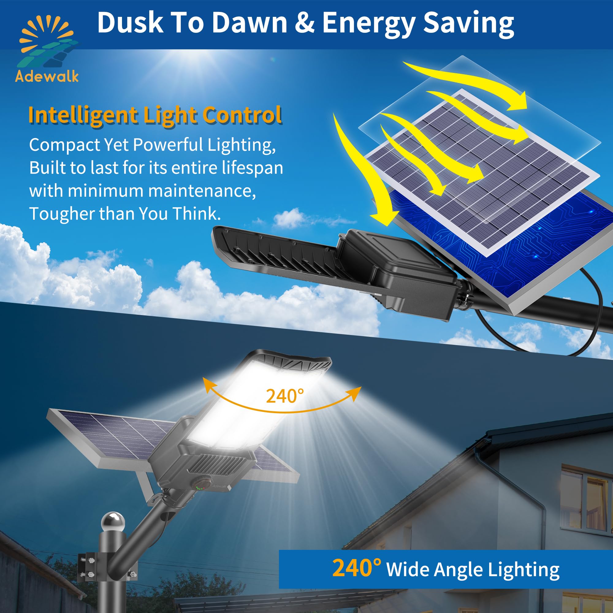 Adewalk 8000W Solar Street Light - Dusk to Dawn, Motion Sensor, Remote Control, Black, 1 Pack, Model AD1600