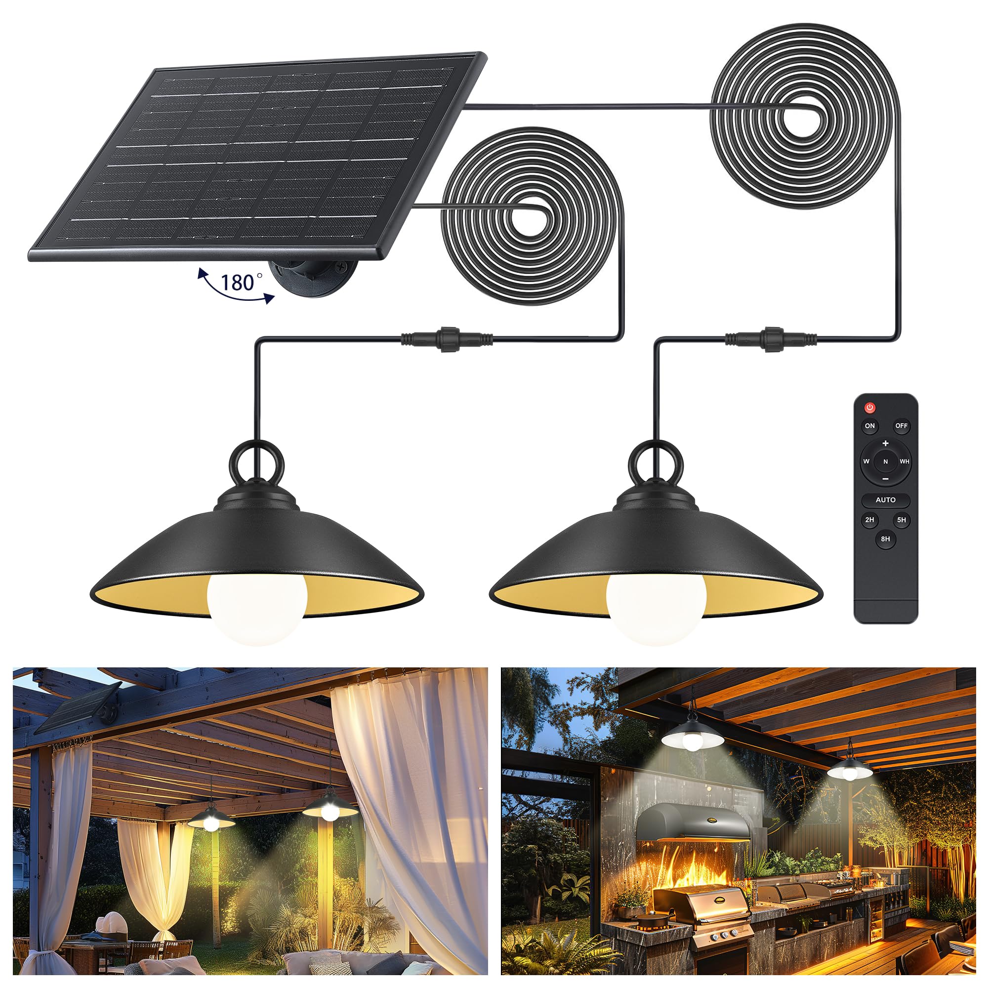 MOON-DE-AGE 2 Pack Solar Pendant Lights Outdoor Indoor,3000K/4000K/5000K 4 Brightness Shed Light Remote Control, IP65 Waterproof
