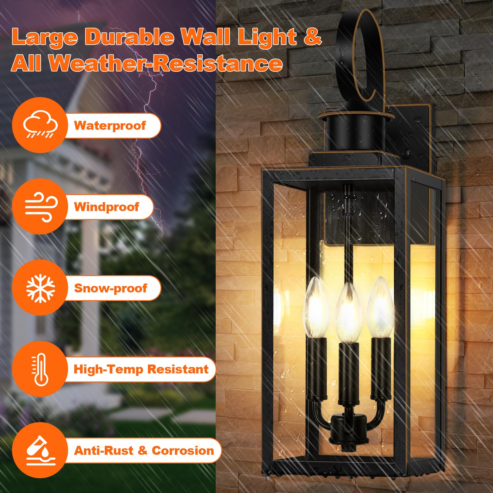 3-Light Outdoor Wall Light Fixtures, 19 Inch Large Waterproof Exterior Wall Sconces With Glass Shades, Black With Gold Trim Anti