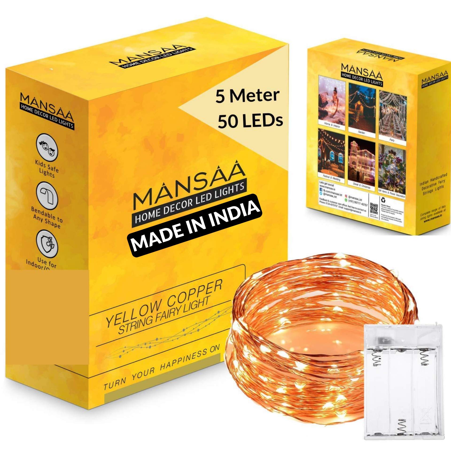 MANSAA M25 Battery Operated LED String Light | 5 Meter 50 LEDs | Yellow Color | Battery Led Lights | Home Decor