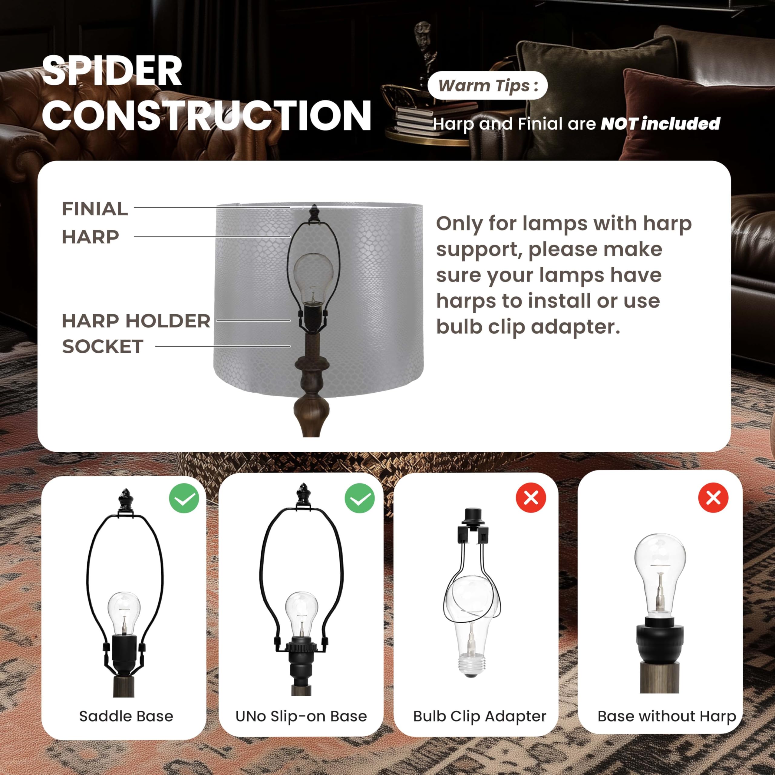 ALUCSET Drum Lamp Shades Set of 2, 13" Imitation Crocodile Leather, Easy Assembly, Model LLA-S2416Y