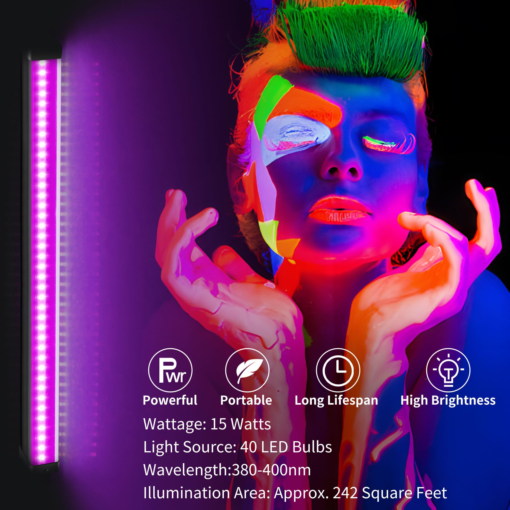 YQNLIFA 15W Magnetic LED Black Light Bar, 2 Pack, Portable Purple Plastic for Glow Parties, Body Paint, Halloween Decorations