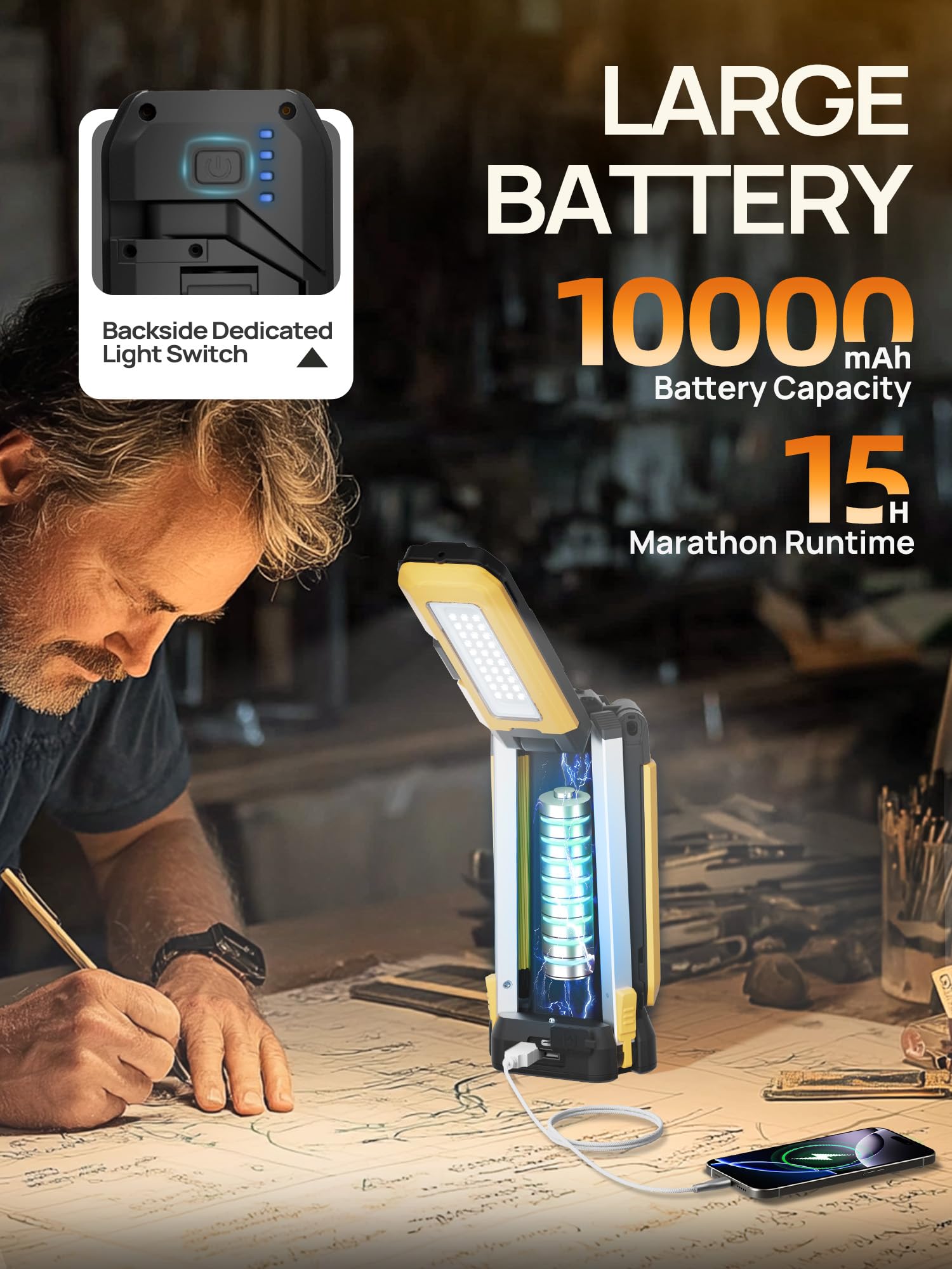 mlogiroa Rechargeable Camping Light with Stand, 10000mAh, 67in Yellow, Model HW0033-Y, Cordless LED Work Light, 2 Detachable Lamp Panels