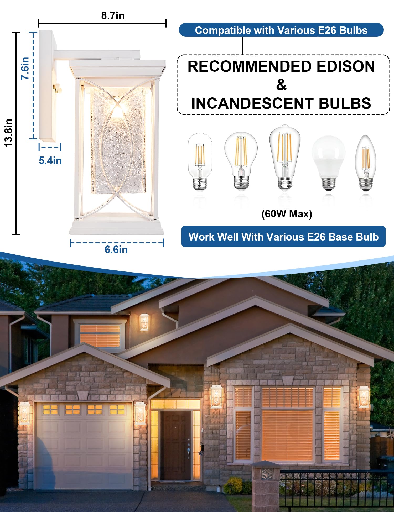 Delicavy White Outdoor Wall Sconce Dusk to Dawn Light Fixture, Large, Waterproof Aluminum, Model L-920