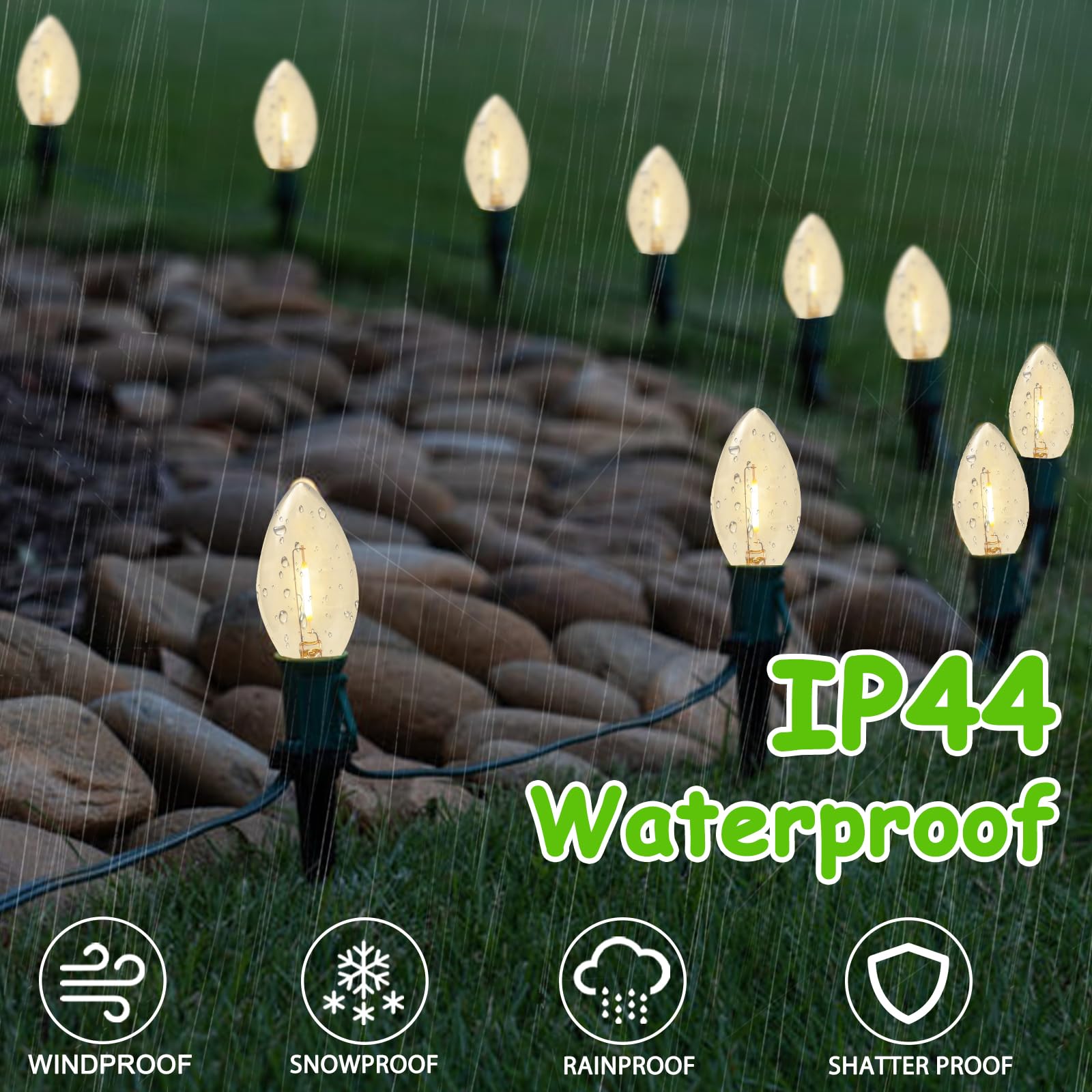 C9 Christmas Pathway Lights, 38Ft C9 Christmas Pathway String Lights With 25 Clear Led Light Bulbs And Stakes For Outdoor Walkwa