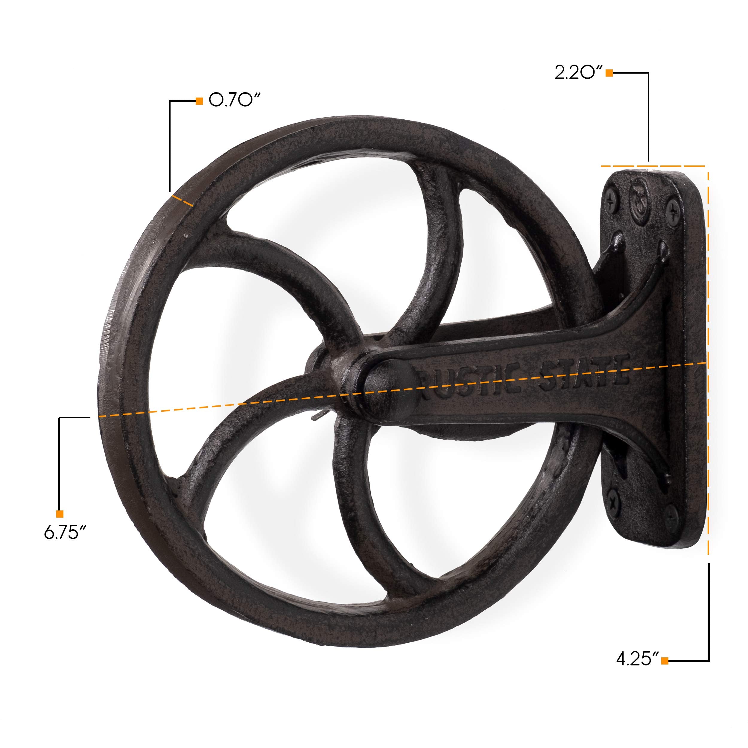 Rustic State Wall Mount Pulley, Cast Iron, 6.75 Inch Diameter, Vintage Industrial Style, Rustic Brown, Model HUMAY042