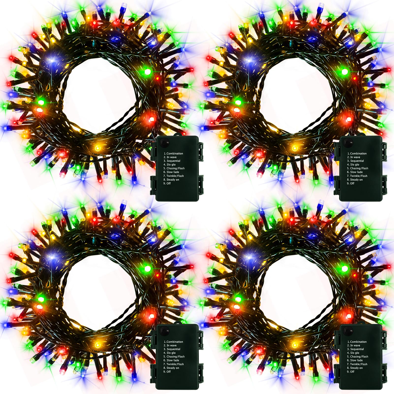 DealBeta 4PACK Battery Christmas String Lights 50LEDs Christmas Lights Battery 16.5Ft Dark Green Battery String Lights Auto Timer 8 Modes Indoor Outdoor Christmas Decoration for Wreath,Tree,Deck(RGBY)