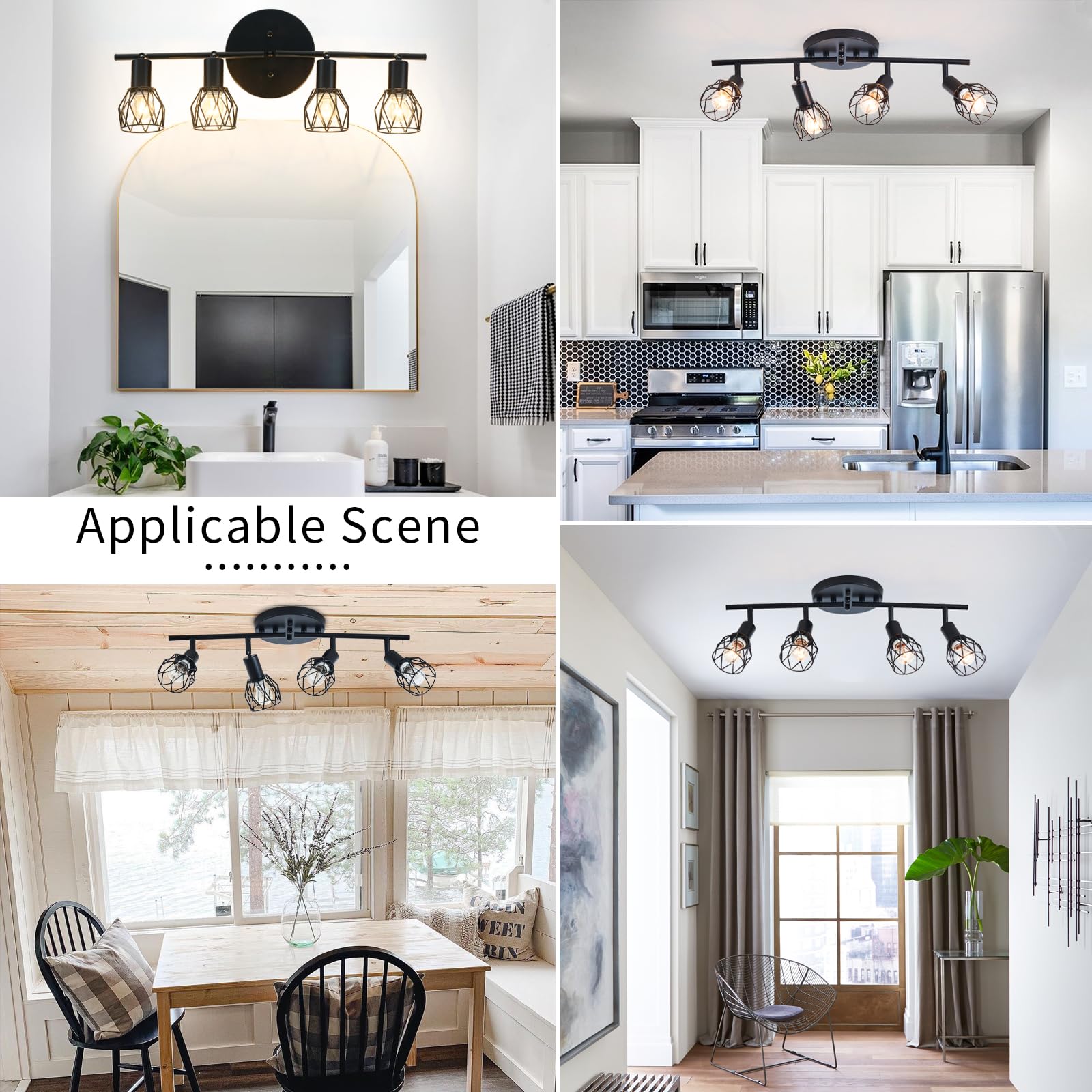 Track Lighting Kit  4-Light Adjustable Multi-Directional Ceiling Light Fixtures  Vintage Black Metal Wire Cage Farmhouse Light Fixtures Ceiling Mount For Kitchen Dining Table Hallway Bathroom Bedroom