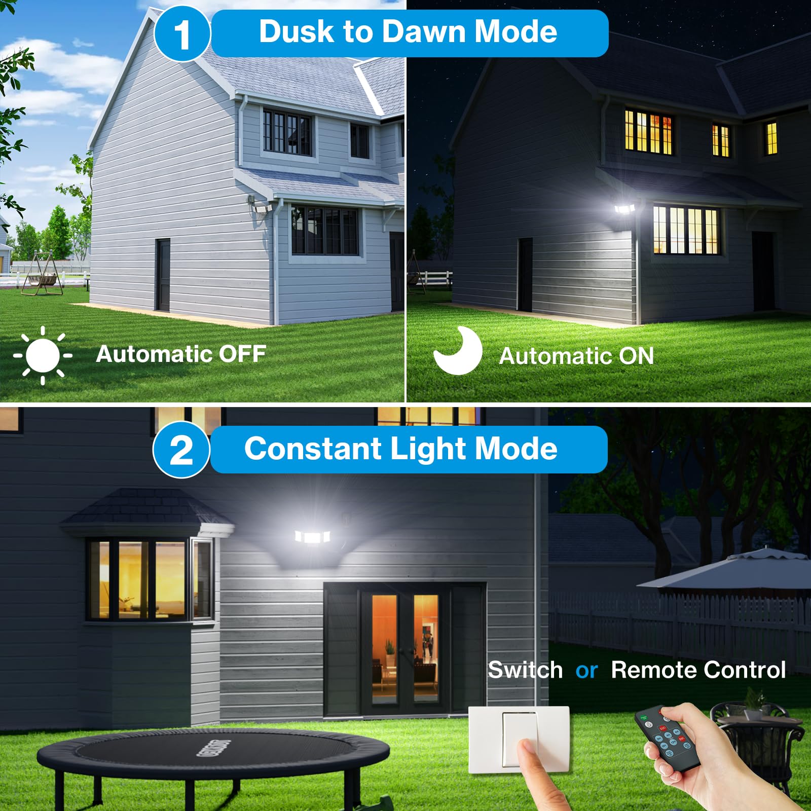 Olafus 60W Plug in Flood Lights Dusk to Dawn Outdoor Lighting, IP65 Waterproof LED Security Light with Remote Control, 6000LM, 6