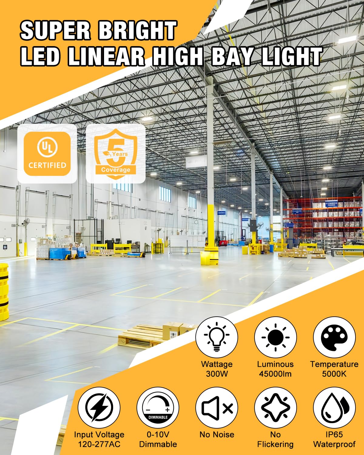 Jc-Lgl 300W Led Linear High Bay Light, 45000Lm Shop Light Commercial 120-277V, 5000K High Bay Led Shop Lights For Warehouse, Garage, Factory, Ul Listed, 5 Years Warranty, 4 Pack
