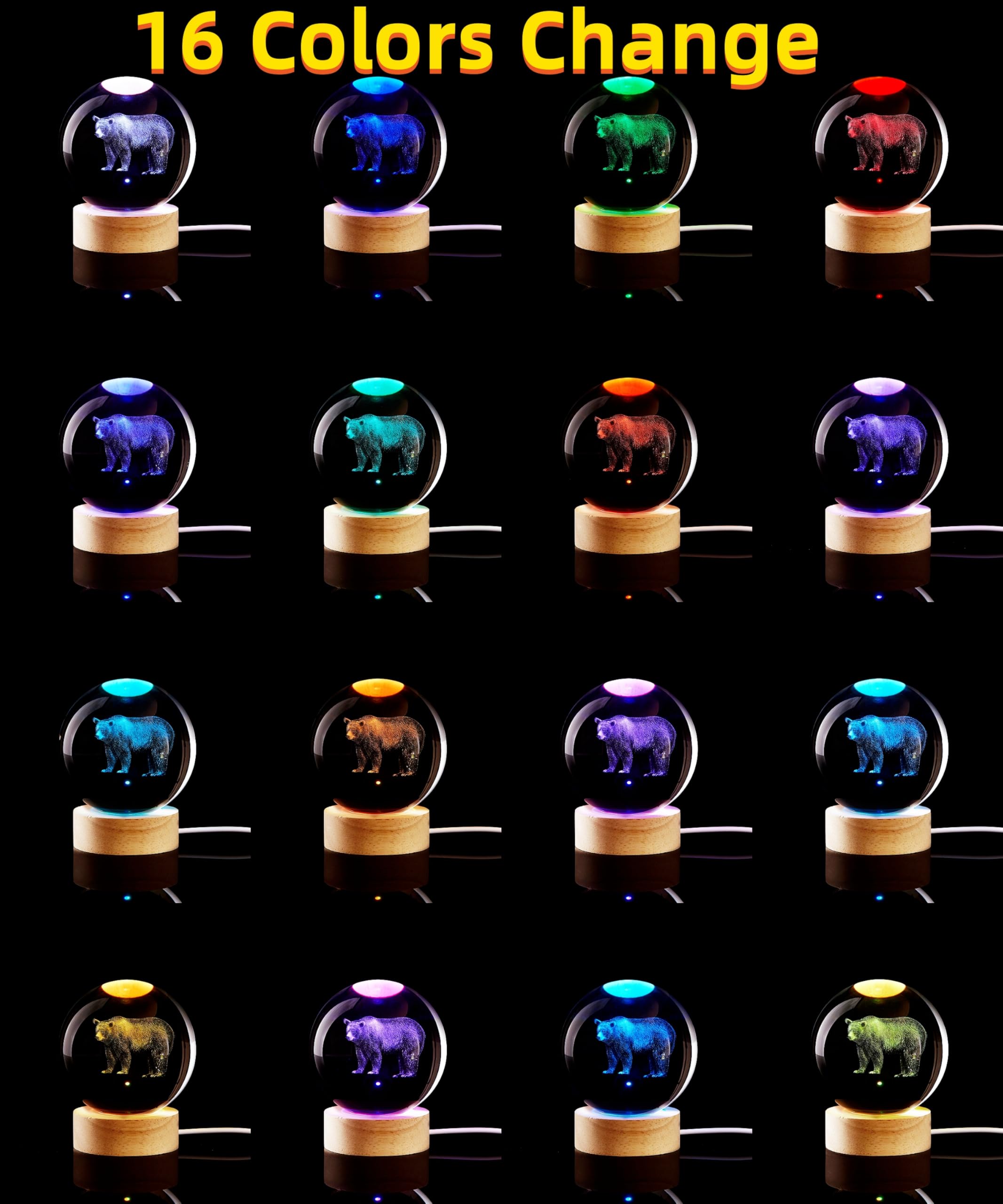 3D Bear Crystal Ball Lamp,Lifelike Led Bear Night Light,16 Colors Changing Light,Dimmable Remote Control,Desk Lamp (Bear)