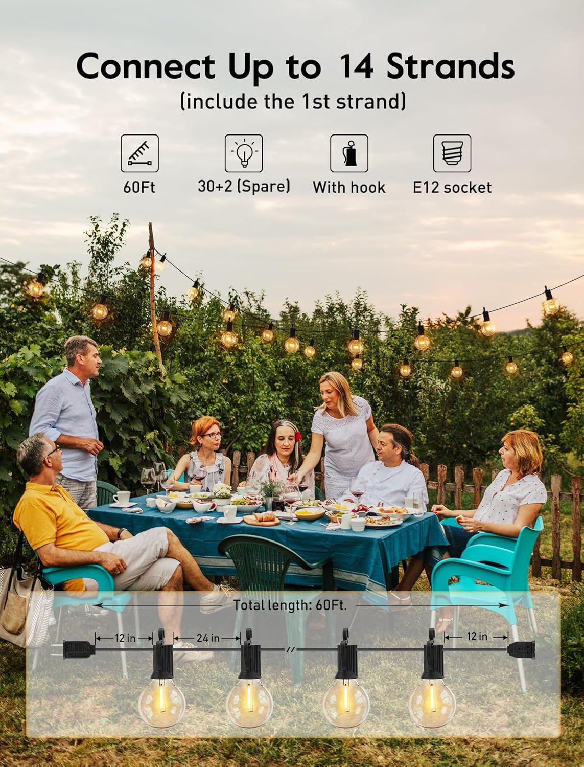 Brightown Outdoor String Lights - Globe Patio Lights 60 Ft With 30 G40 Shatterproof Bulbs, Waterproof Connectable Commercial Han