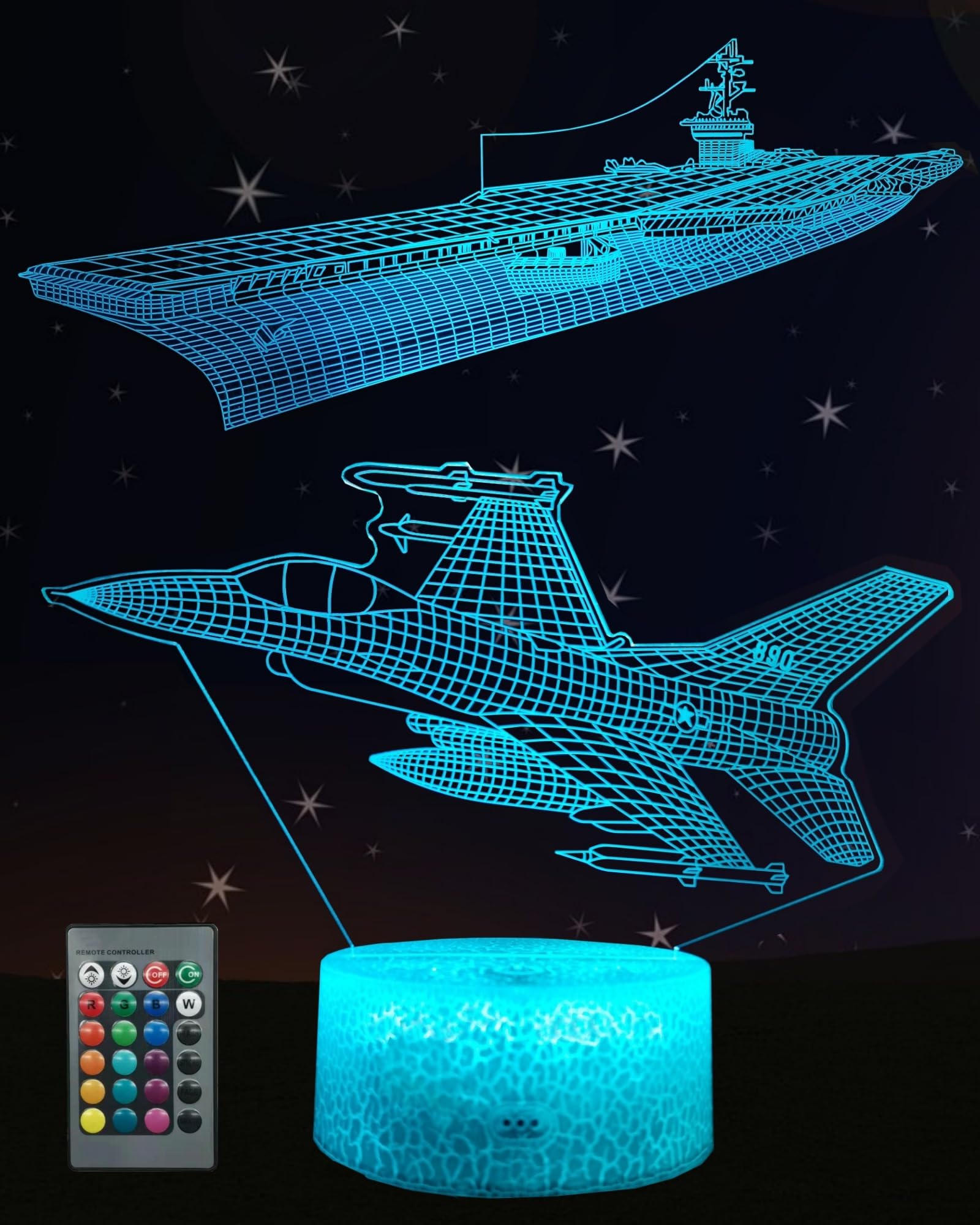 Kenmaca War  Aircraft Carrier Night Light, 3D Illusion Lamp, 16 Colors, Dimmable, Touch & Remote Control, Multicolor