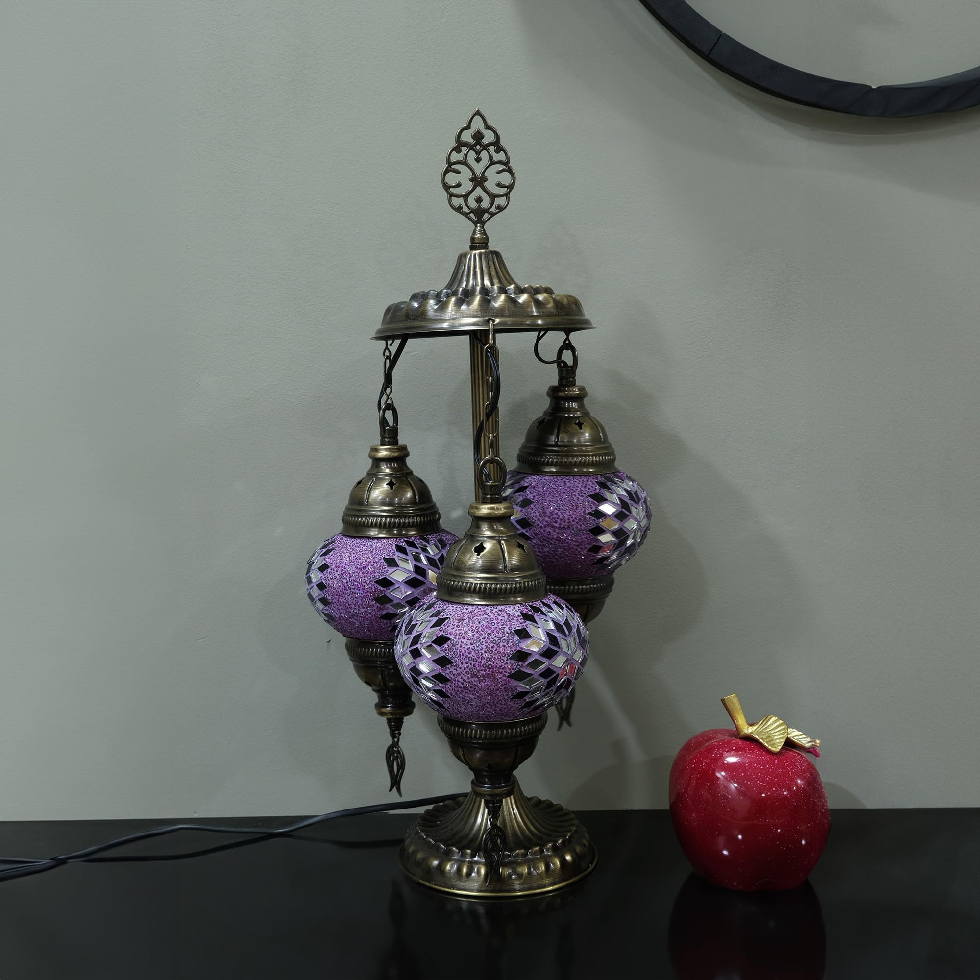 Asylove Turkish Mosaic Table Lamp, 3 Globe, Glass, 12x12x24 inch, Purple, Model 3GlobeAPNo2