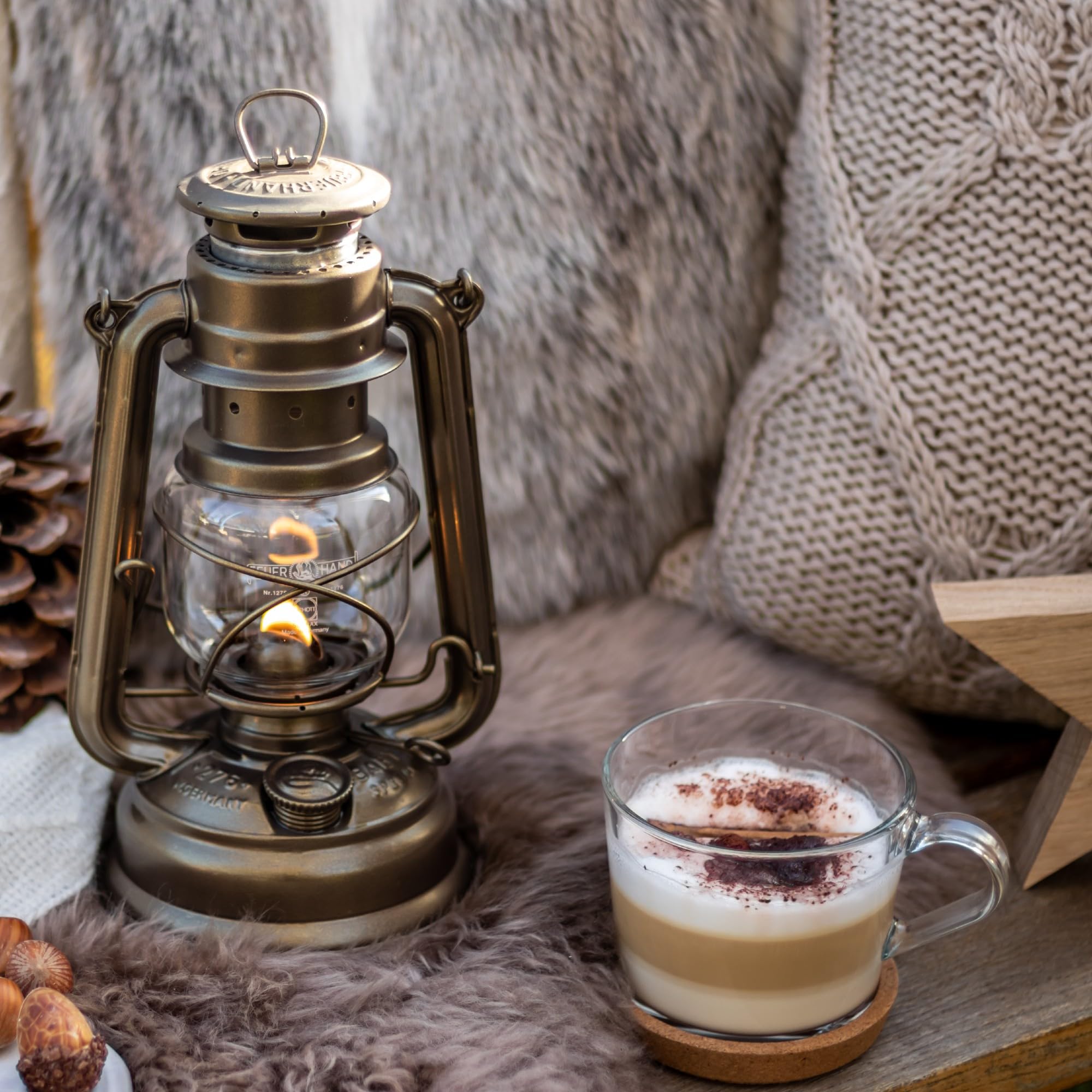 Feuerhand Kerosene Lantern 276 - 10" Bronze Hurricane Lamp for Camping & Patio, Weather Resistant, German Made