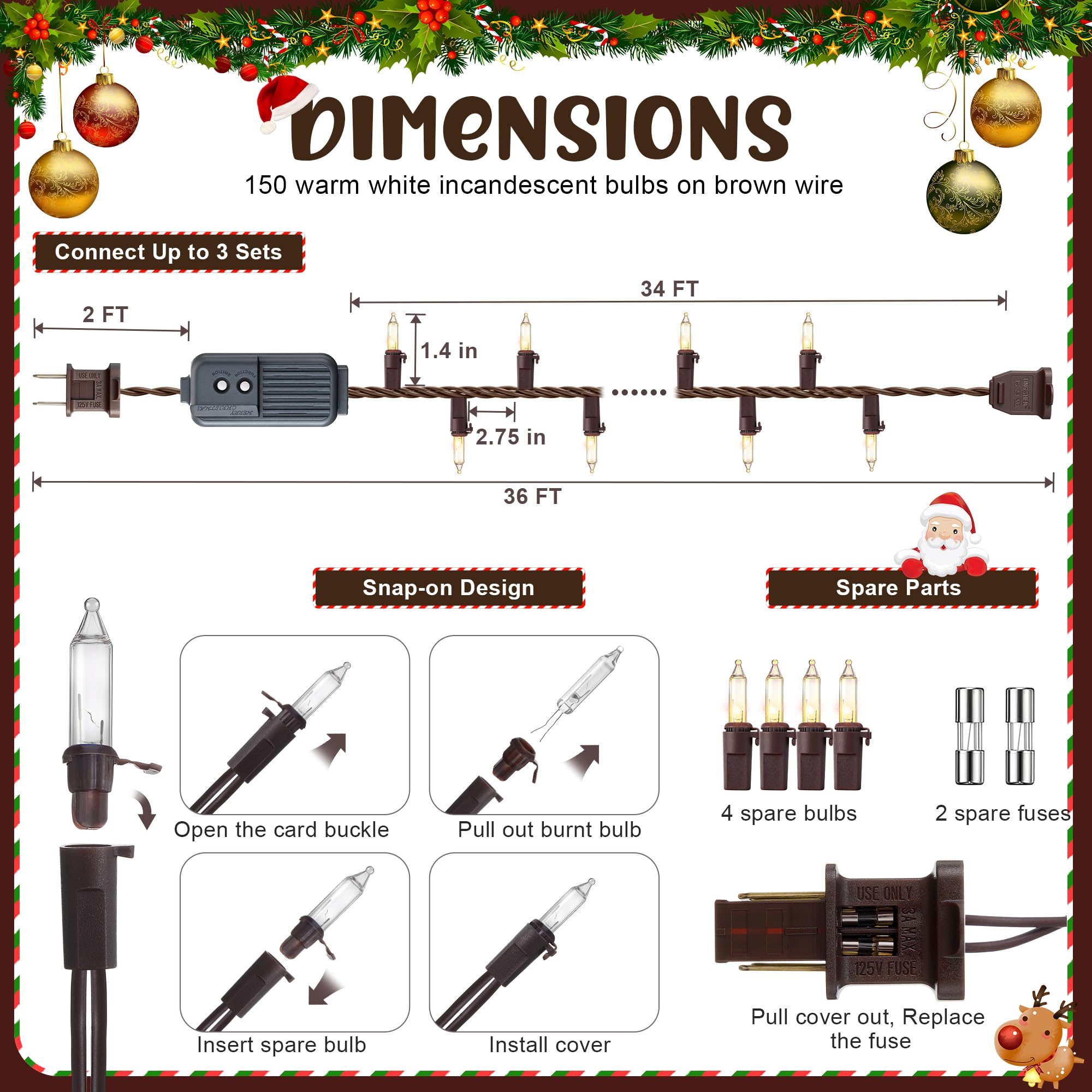 Enhon Christmas String Lights, 150 Bulbs, 36 Ft, Warm White, 7 Function Modes, Brown Wire, Indoor/Outdoor Decorations, Model E362454