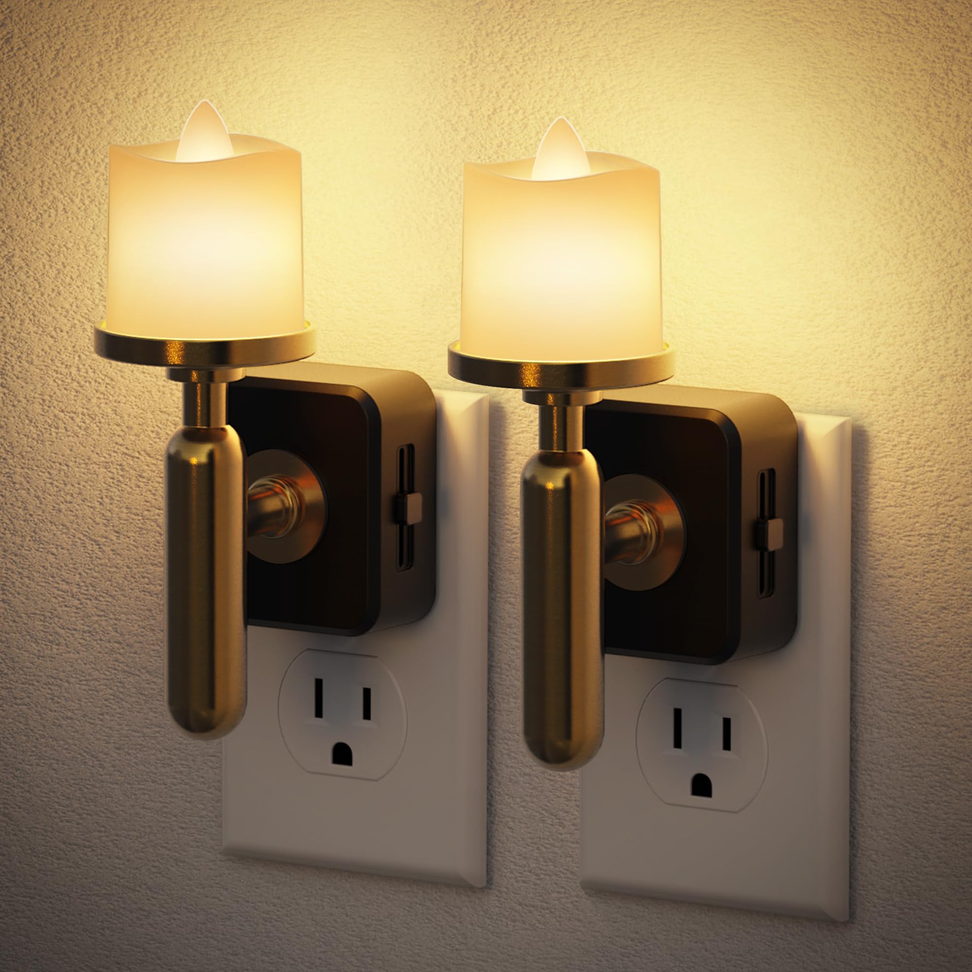 JandCase Candle Night Light, 2 Pack Night Lights Plug into Wall, 3000K Soft White, 0-100LM Adjustable Brightness, Dusk to Dawn S