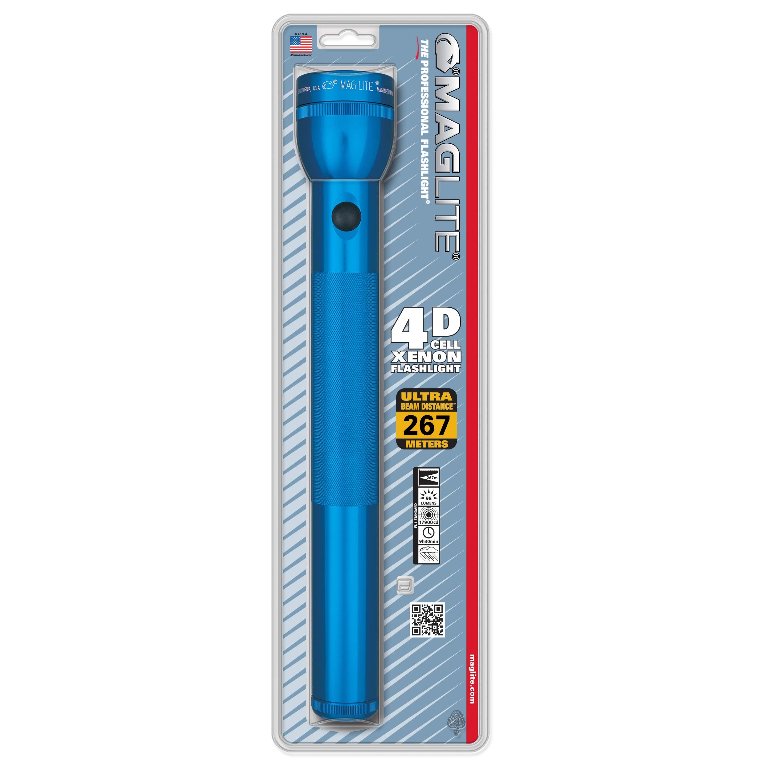 MagLite Heavy-Duty Flashlight S4D116, 4-Cell D, Aluminum, Blue, Blister Pack