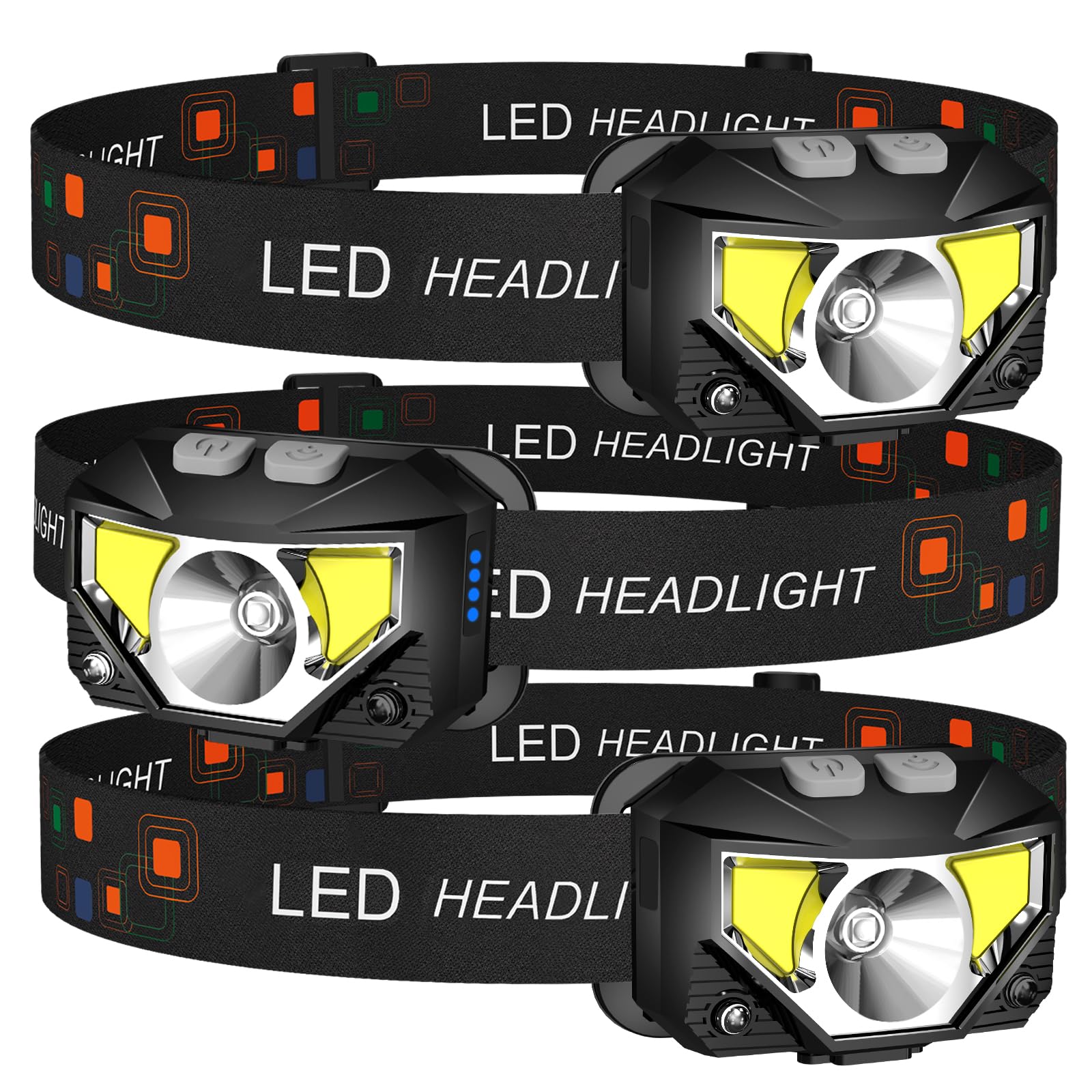 LHKNL Headlamp Flashlight 3-Pack Lumen Ultra Bright LED Rechargeable Headlight with White Red Light Waterproof Motion Sensor Head Lamp 8 Mode for Outdoor Camping Running Cycling Fishing