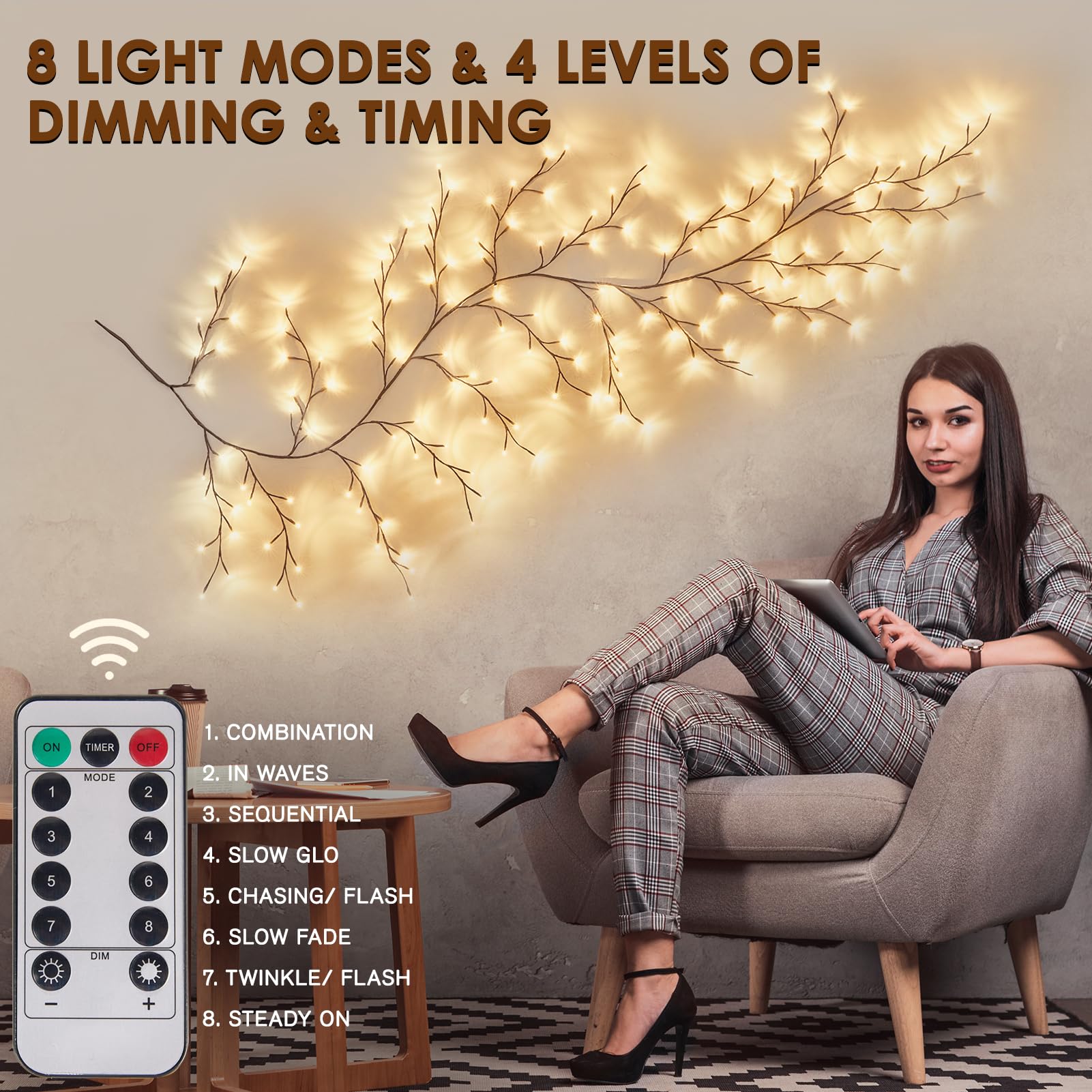 Bexdir 9.3ft Enchanted Willow Vine Lights, 160LED Indoor Decor, Brown, 8 Modes & Timer, Model 001