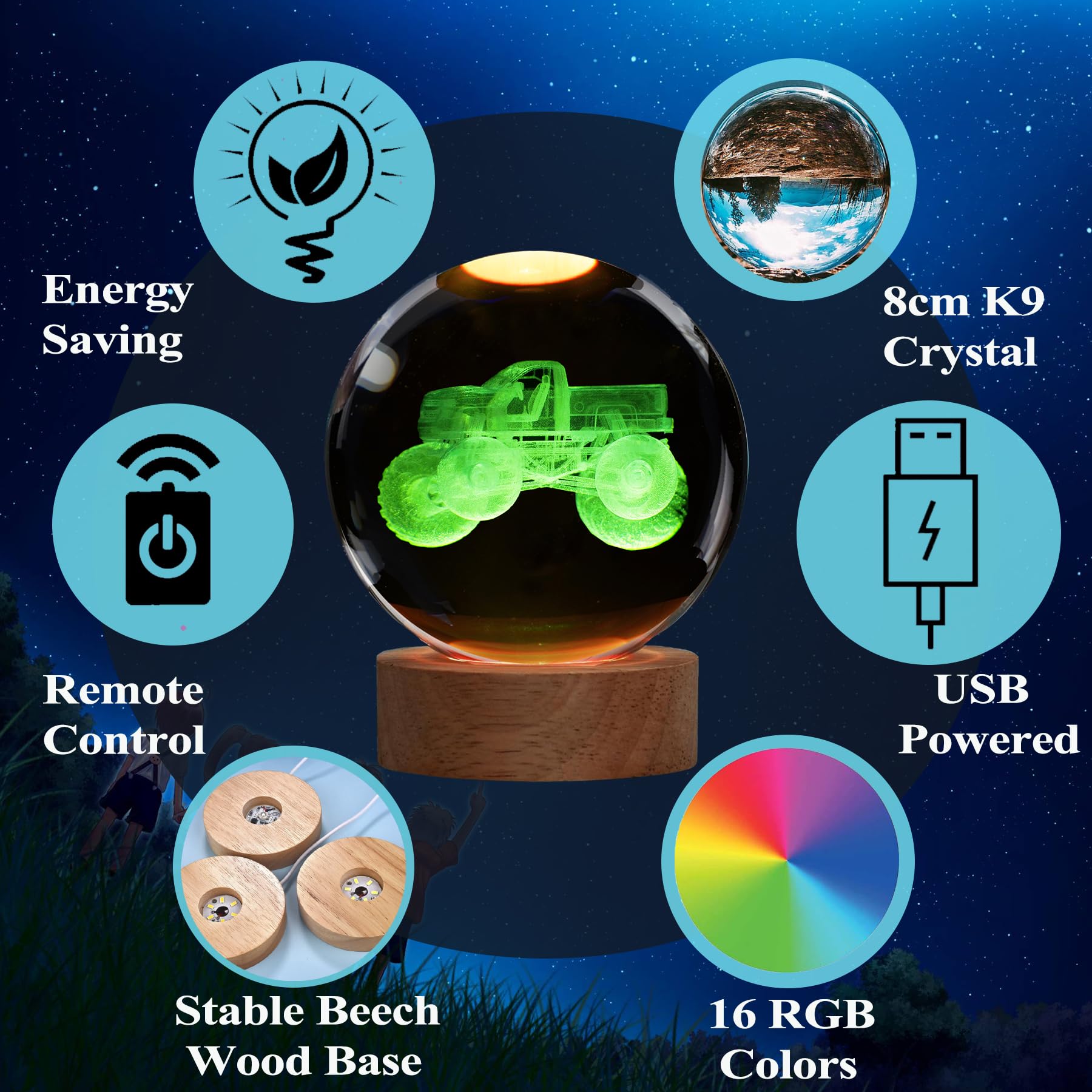 POSSHE Monster Truck Night Light, 3.15 Inch 3D Crystal Ball, 16 Color Remote, Perfect Gift for Boys & Girls Room Decor