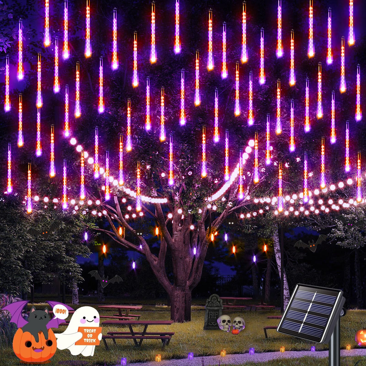 Jmexsuss Orange And Purple Solar Halloween Lights Outdoor, 8 Tube 144 Leds Solar Meteor Shower Rain Lights For Halloween Tree Ya