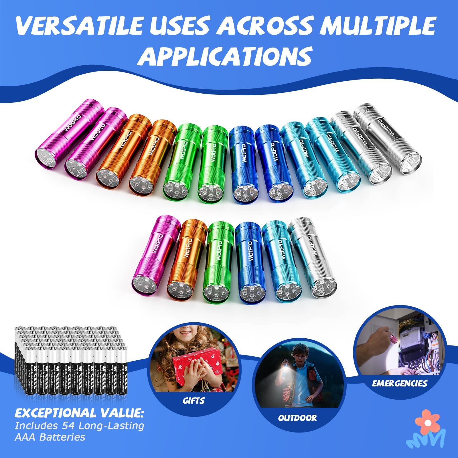 WdtPro LED Mini Flashlights 18 Pack, Aluminum, Assorted Colors, Model MAF-30