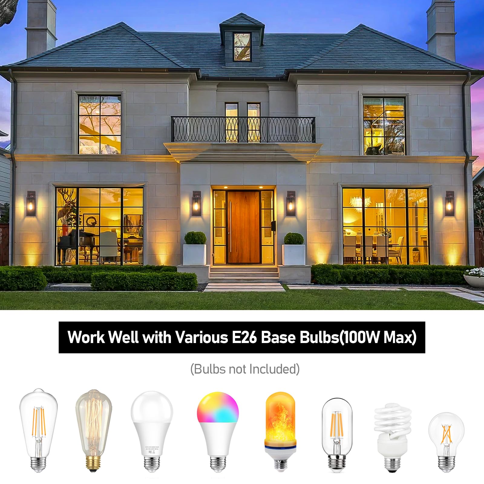 Beslowe 2-Pack Outdoor Wall Light Fixtures, Exterior Waterproof Wall Lanterns, Porch Sconces Wall Mounted Lighting With E26 Sockets & Glass Shades, Modern Wall Lamps For Patio Front Door, Brown