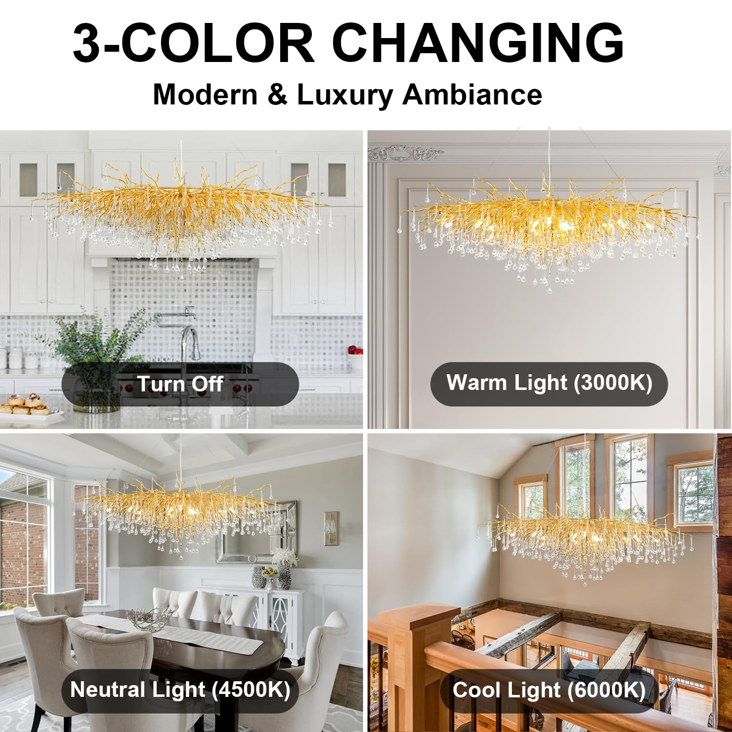 Niuzdu Crystal Chandelier For Dining Room - 63In Modern Farmhouse Crystal Gold Chandelier, Raindrop Tree Branch Chandeliers For