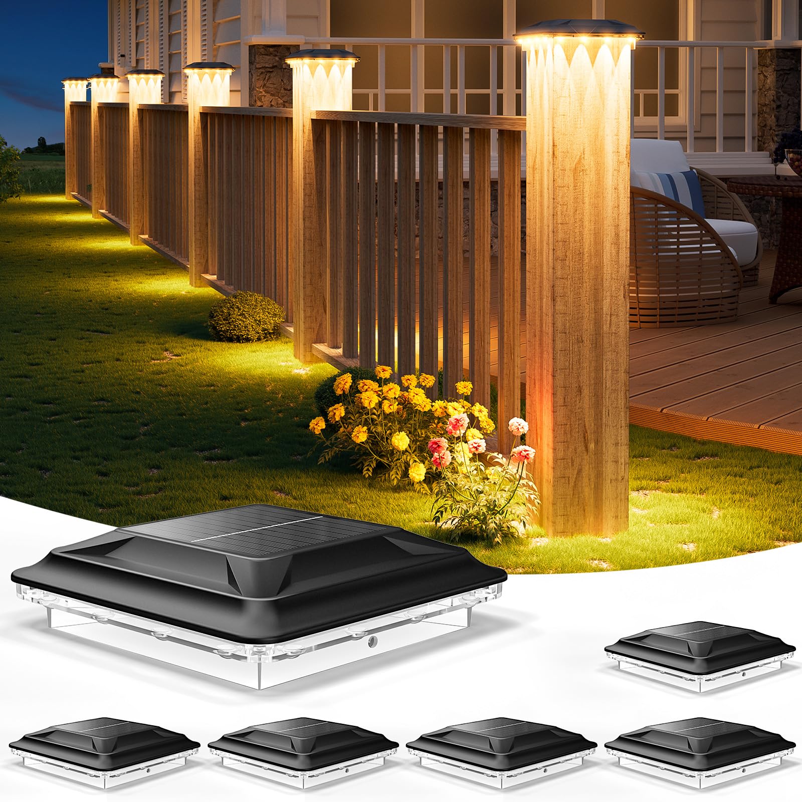 Upgraded Solar Post Cap Lights Outdoor 6pack, 3-in-1 Selectable Color (Warm White/Cool White/Daylight), Waterproof Downward Ligh