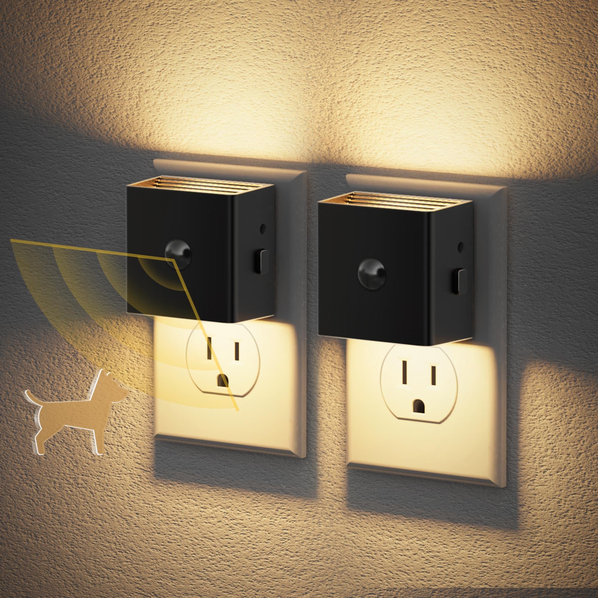JandCase Motion Sensor Night Light, 3000K Warm White, Plug-in, Adjustable Brightness, 2 Pack, Black-Square