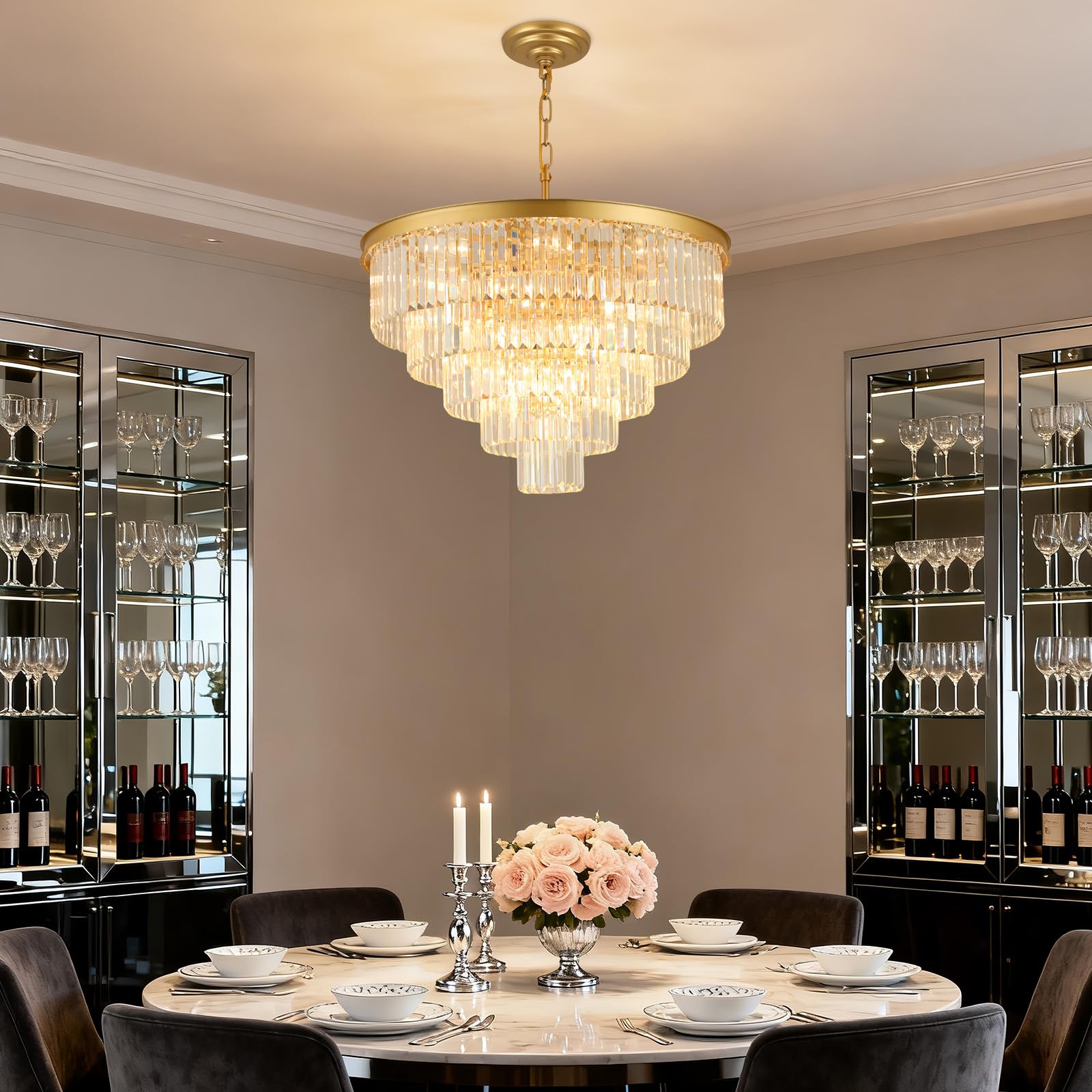 Crystal Chandeliers For Dining Room Lights Fixture Over Table  20 Lights Gold Modern Chandeliers For Living Room  5-Tier Round Crystal Lighting Fixtures For Bedroom Entryway Kitchen Island D30 Inch