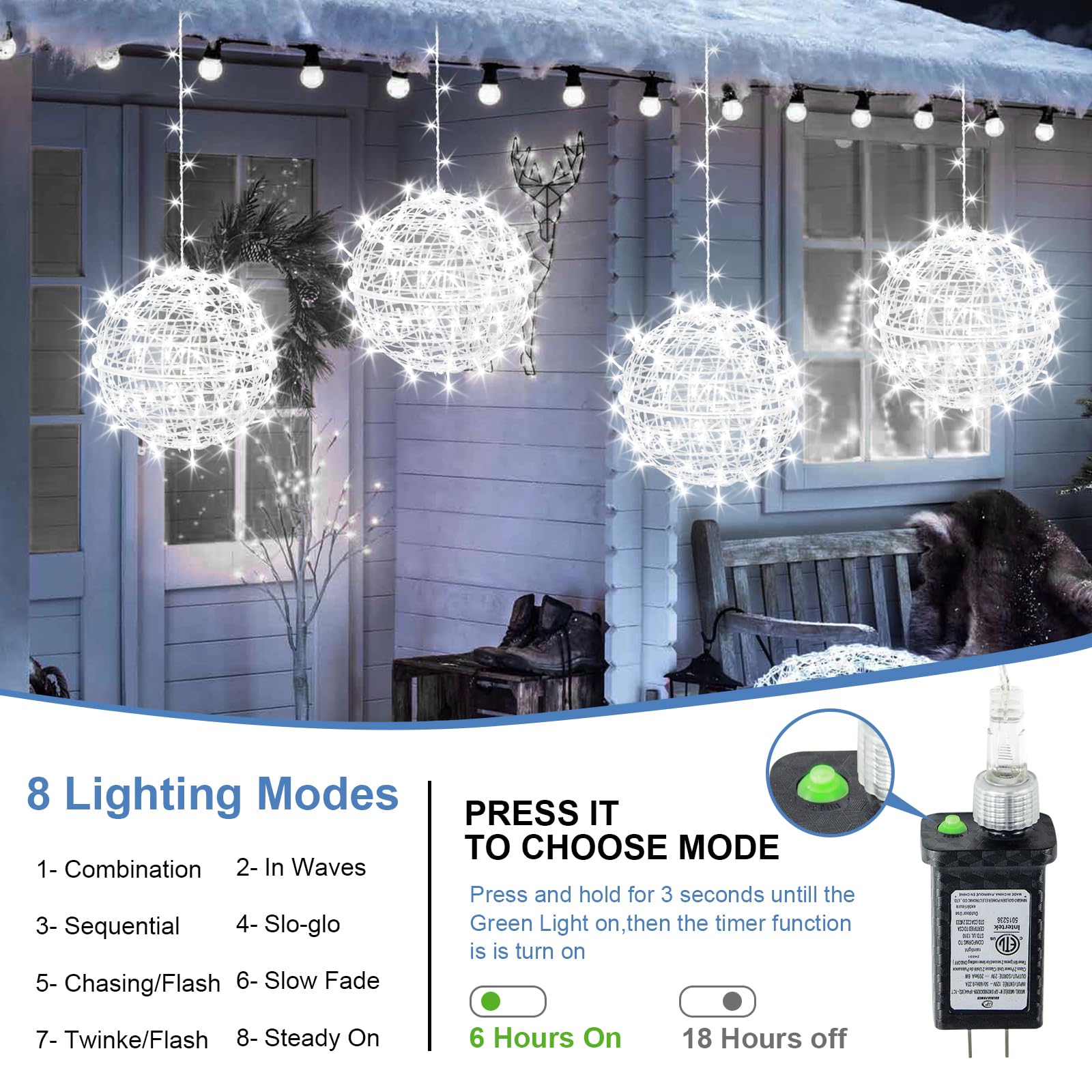 Baung Christmas String Lights, 4 Pack 11.81in Sphere Lights, Cool White, Model BG-CL02M138L, for Outdoor and Indoor Decoration